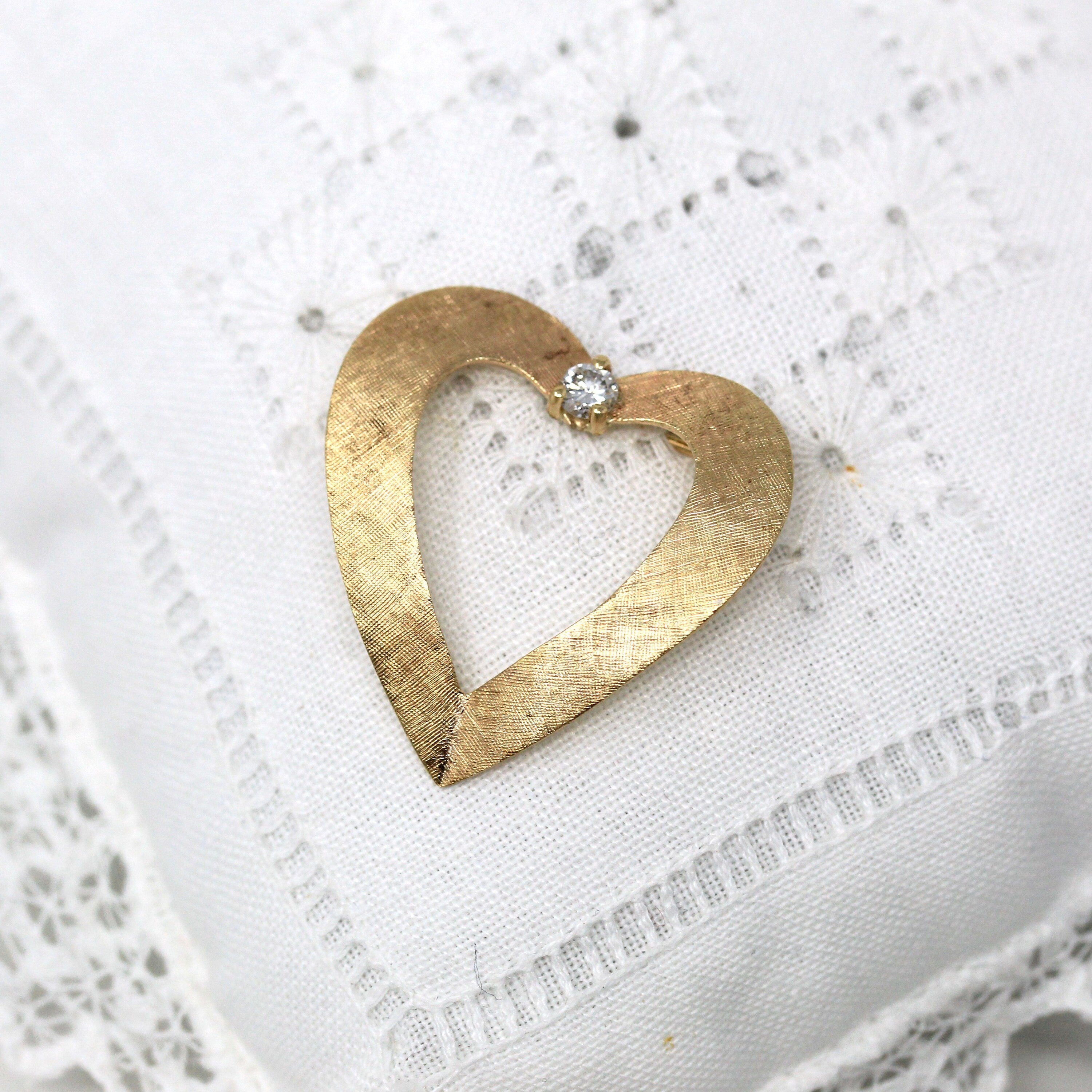 Tiffany & Co. Brooch - Retro 14k Yellow Gold Genuine Diamond Heart Pin - Circa 1970s Era Tiffany's Statement Fashion Accessory Fine Jewelry