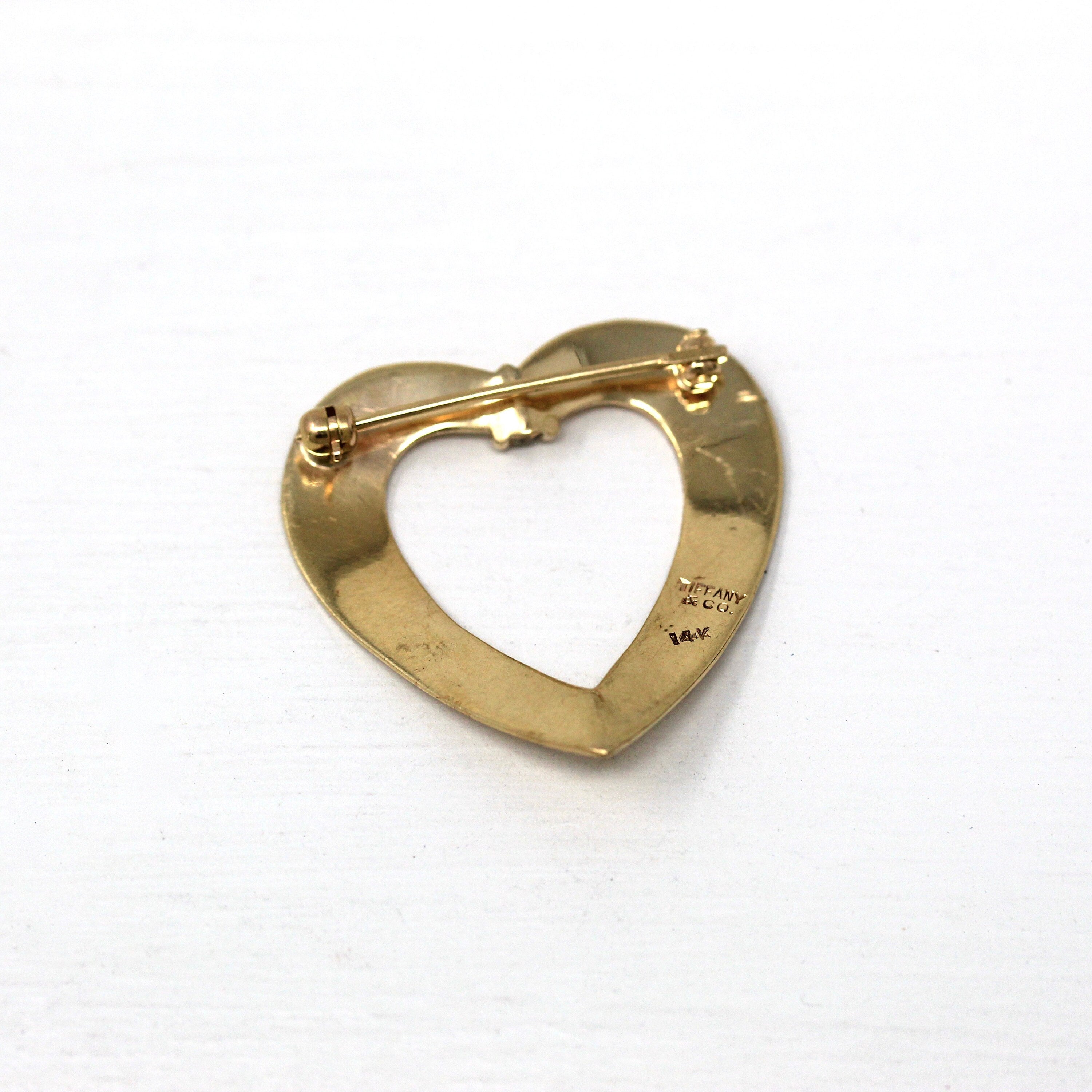 Tiffany & Co. Brooch - Retro 14k Yellow Gold Genuine Diamond Heart Pin - Circa 1970s Era Tiffany's Statement Fashion Accessory Fine Jewelry