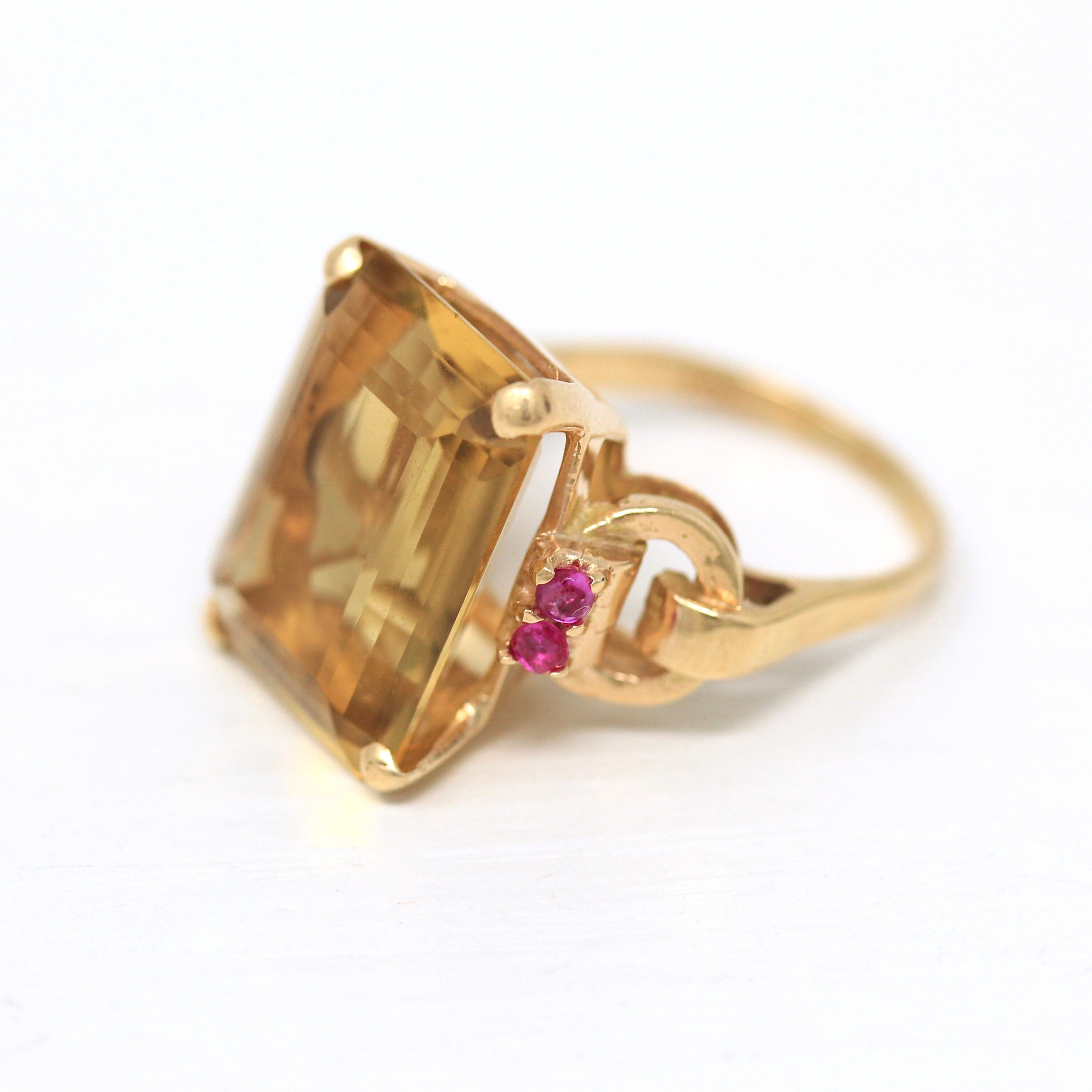 Gemstone Cocktail Ring - Retro 14k Yellow Gold Genuine 12+ CT Citrine & Ruby Gem Statement - Vintage Circa 1940s Size 6 3/4 Fine 40s Jewelry