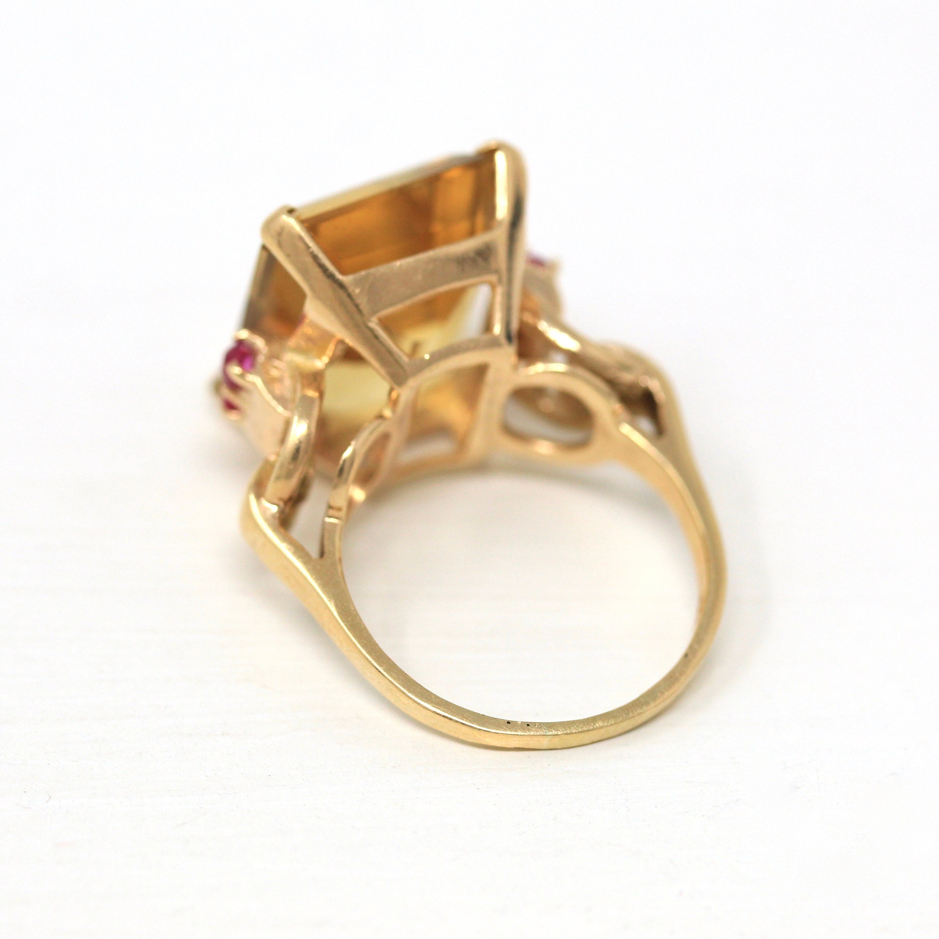 Gemstone Cocktail Ring - Retro 14k Yellow Gold Genuine 12+ CT Citrine & Ruby Gem Statement - Vintage Circa 1940s Size 6 3/4 Fine 40s Jewelry