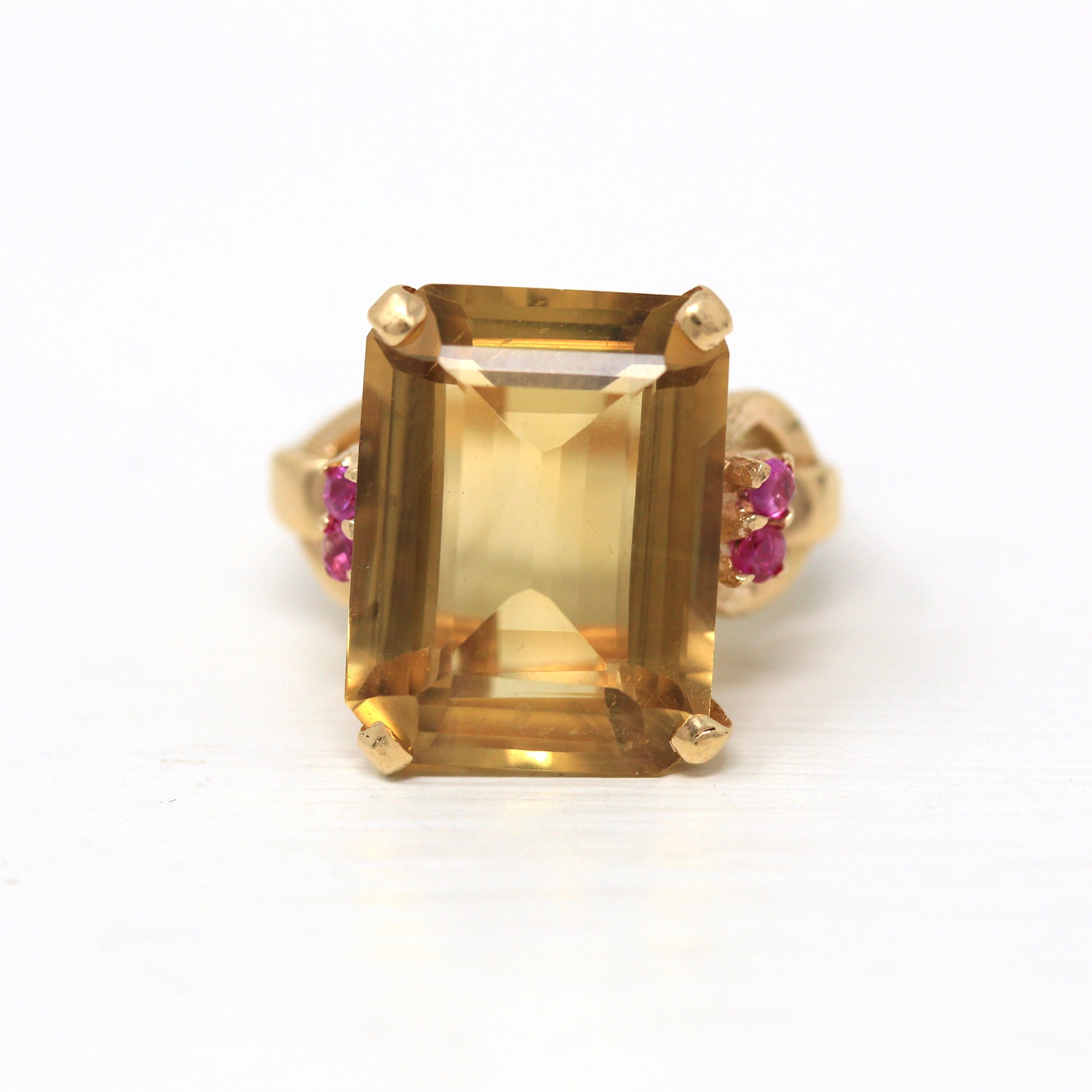 Gemstone Cocktail Ring - Retro 14k Yellow Gold Genuine 12+ CT Citrine & Ruby Gem Statement - Vintage Circa 1940s Size 6 3/4 Fine 40s Jewelry