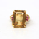 Gemstone Cocktail Ring - Retro 14k Yellow Gold Genuine 12+ CT Citrine & Ruby Gem Statement - Vintage Circa 1940s Size 6 3/4 Fine 40s Jewelry