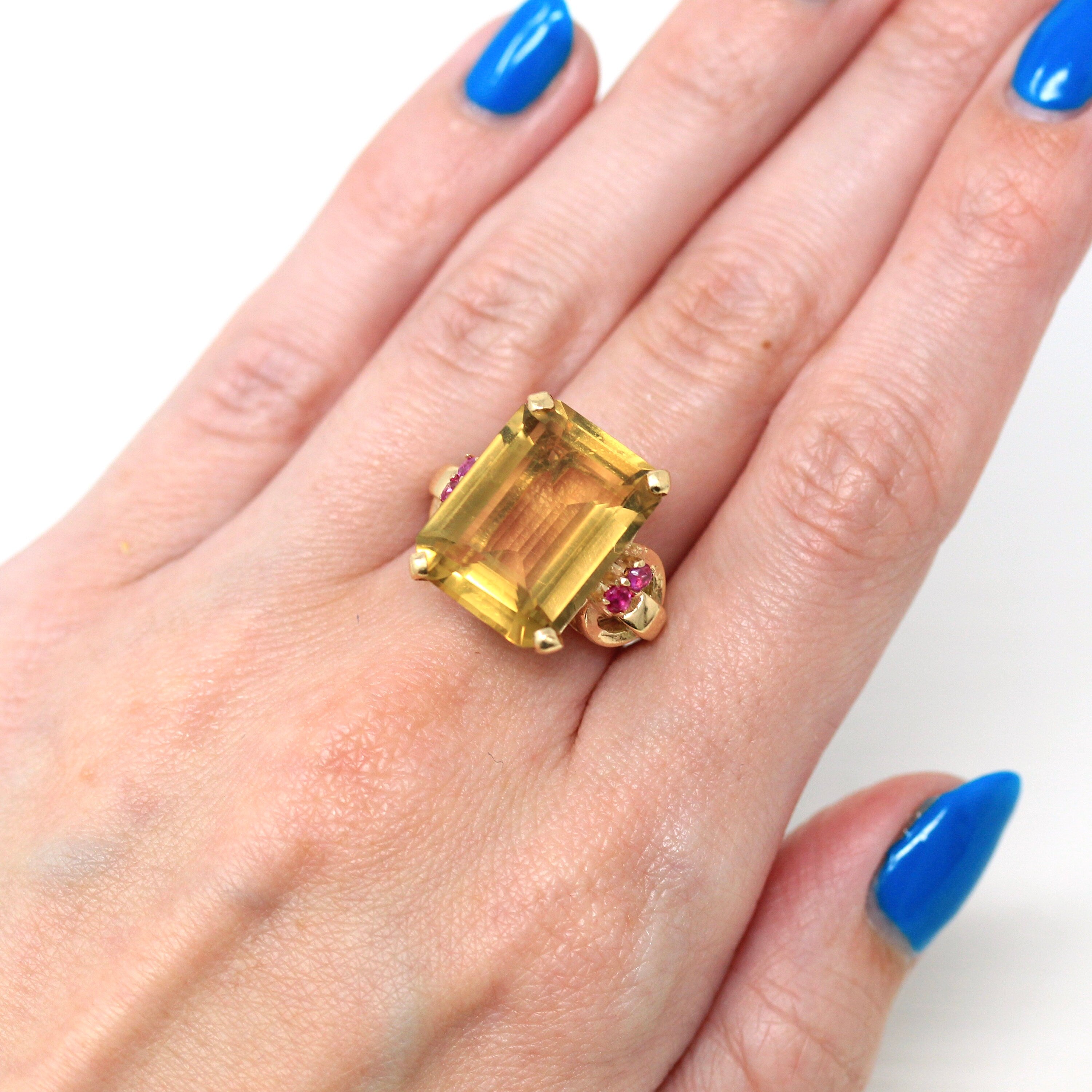 Gemstone Cocktail Ring - Retro 14k Yellow Gold Genuine 12+ CT Citrine & Ruby Gem Statement - Vintage Circa 1940s Size 6 3/4 Fine 40s Jewelry