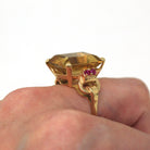 Gemstone Cocktail Ring - Retro 14k Yellow Gold Genuine 12+ CT Citrine & Ruby Gem Statement - Vintage Circa 1940s Size 6 3/4 Fine 40s Jewelry