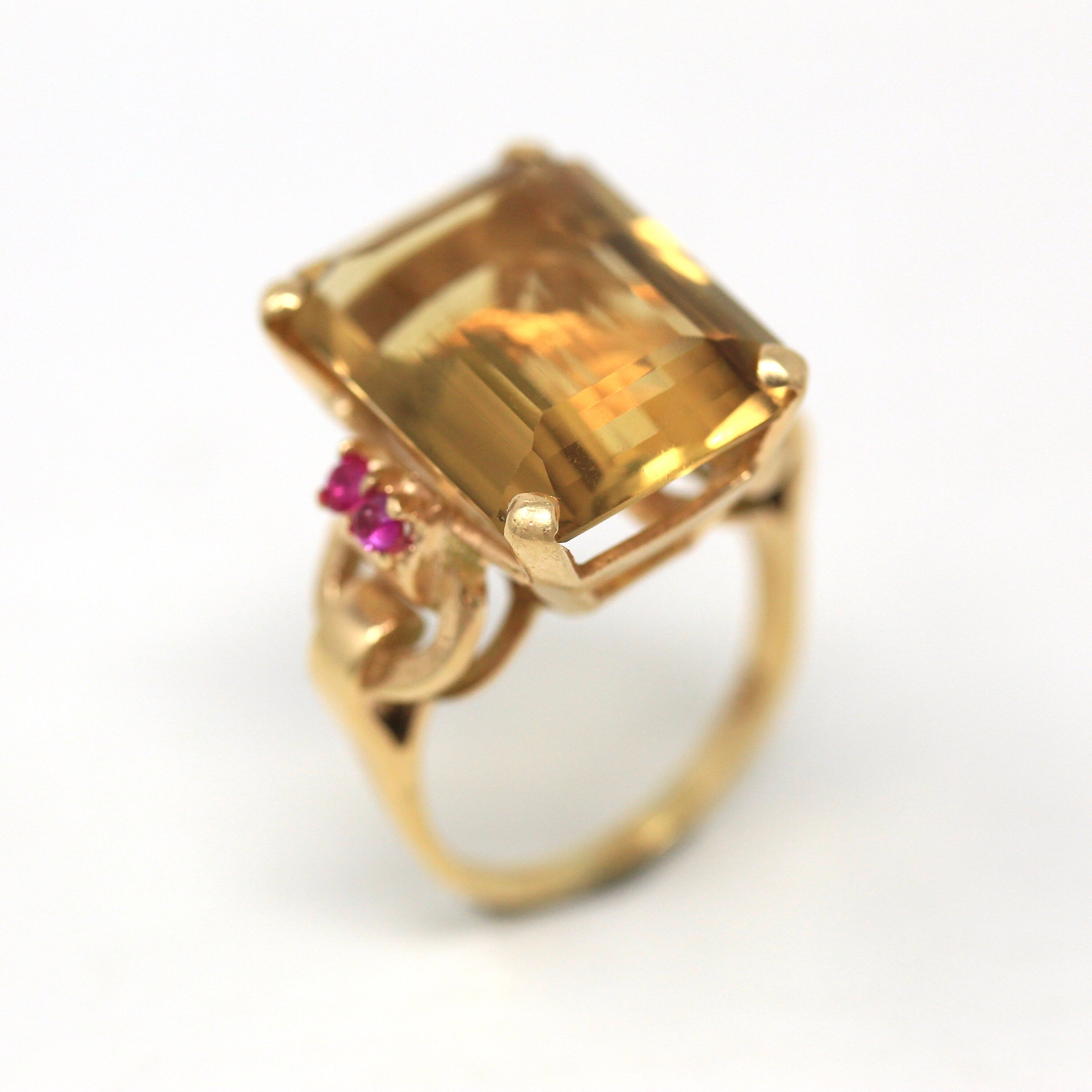 Gemstone Cocktail Ring - Retro 14k Yellow Gold Genuine 12+ CT Citrine & Ruby Gem Statement - Vintage Circa 1940s Size 6 3/4 Fine 40s Jewelry