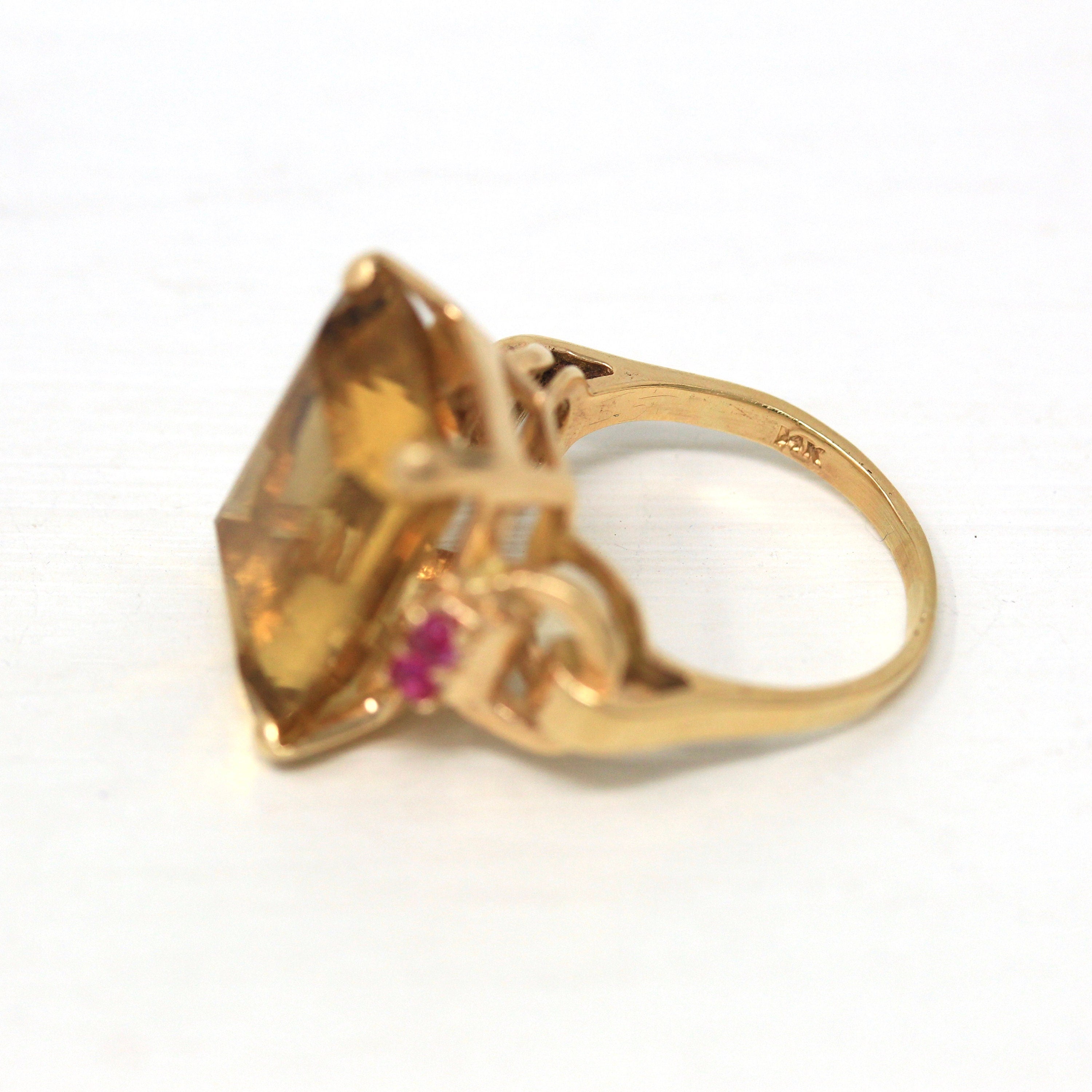 Gemstone Cocktail Ring - Retro 14k Yellow Gold Genuine 12+ CT Citrine & Ruby Gem Statement - Vintage Circa 1940s Size 6 3/4 Fine 40s Jewelry