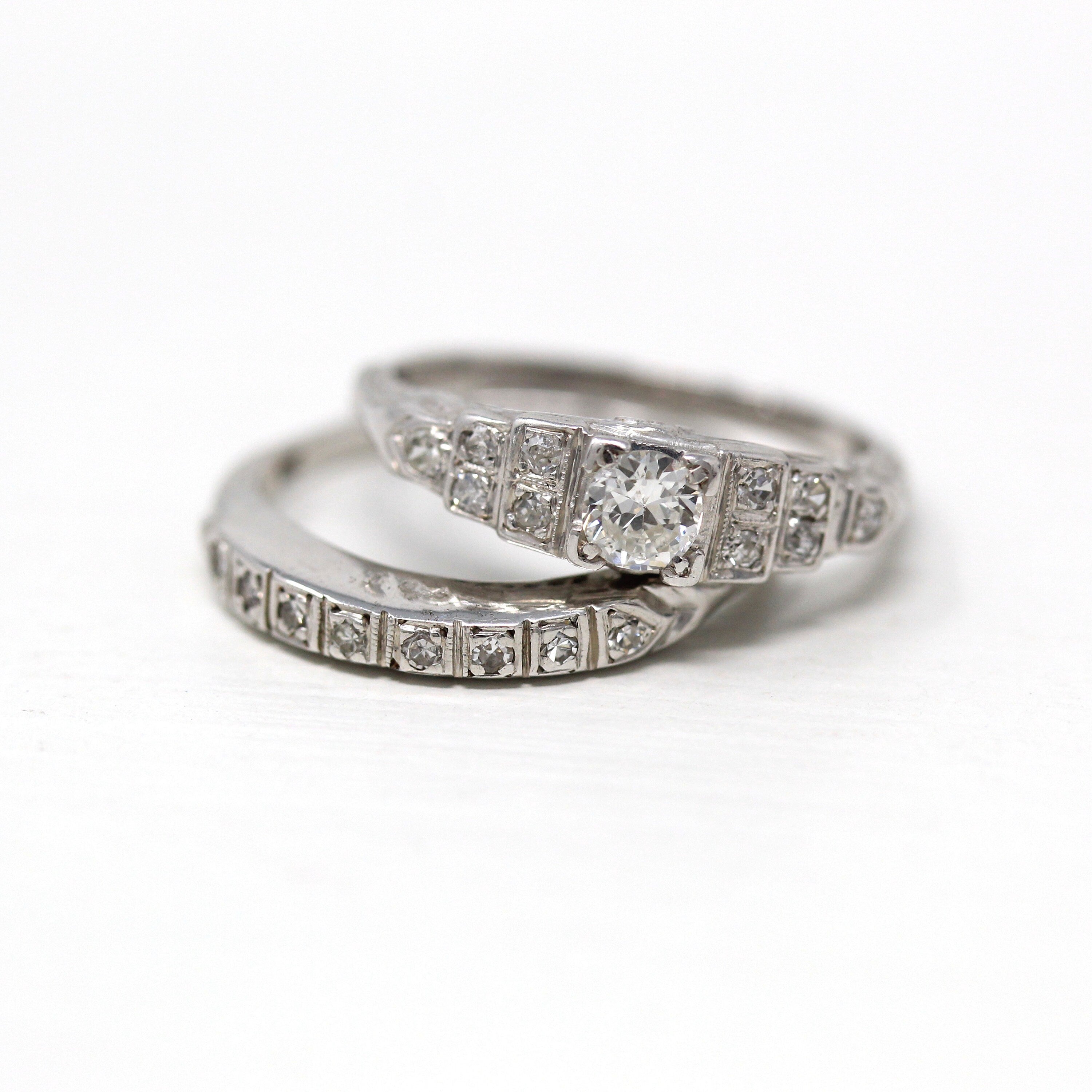 Wedding Ring Set - Vintage 18k White Gold .49 CTW Diamond Engagement & Band - Art Deco Era Circa 1930s Size 6 1/4 Bridal Set Fine Jewelry