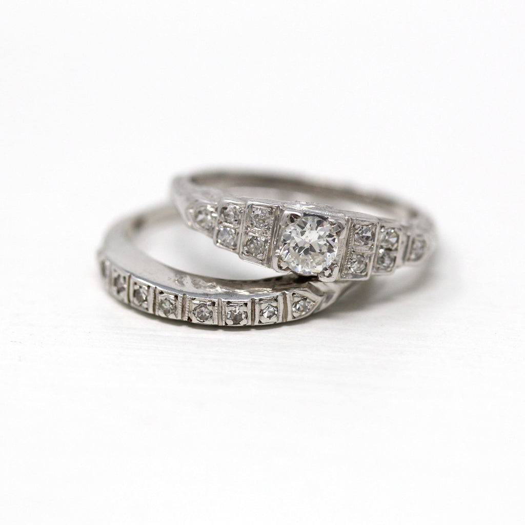 Wedding Ring Set - Vintage 18k White Gold .49 CTW Diamond Engagement & Band - Art Deco Era Circa 1930s Size 6 1/4 Bridal Set Fine Jewelry