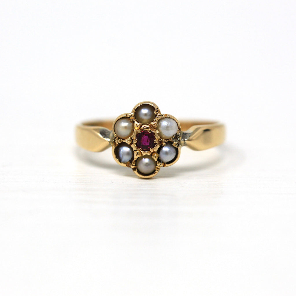Ruby Flower Ring - Antique 18k Yellow Gold Seed Pearl Halo - Vintage Edwardian Circa 1910 Size 5 Genuine Round Gemstone Fine Cluster Jewelry