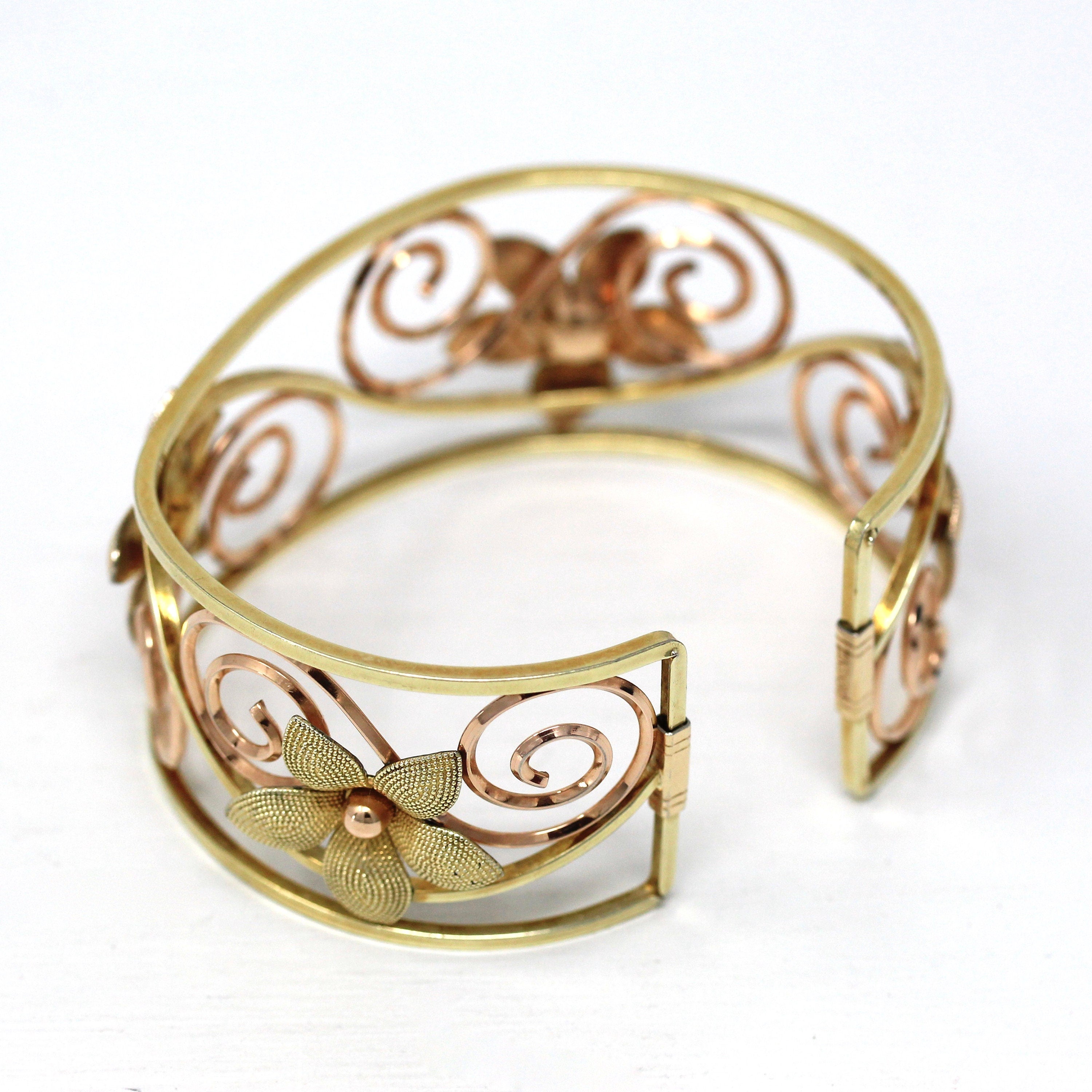 Vintage Cuff Bracelet - Retro Yellow & Rose Gold Filled Two Tone Flower Swirled Designs - Circa 1940s Era Krementz USA Statement 40s Jewelry