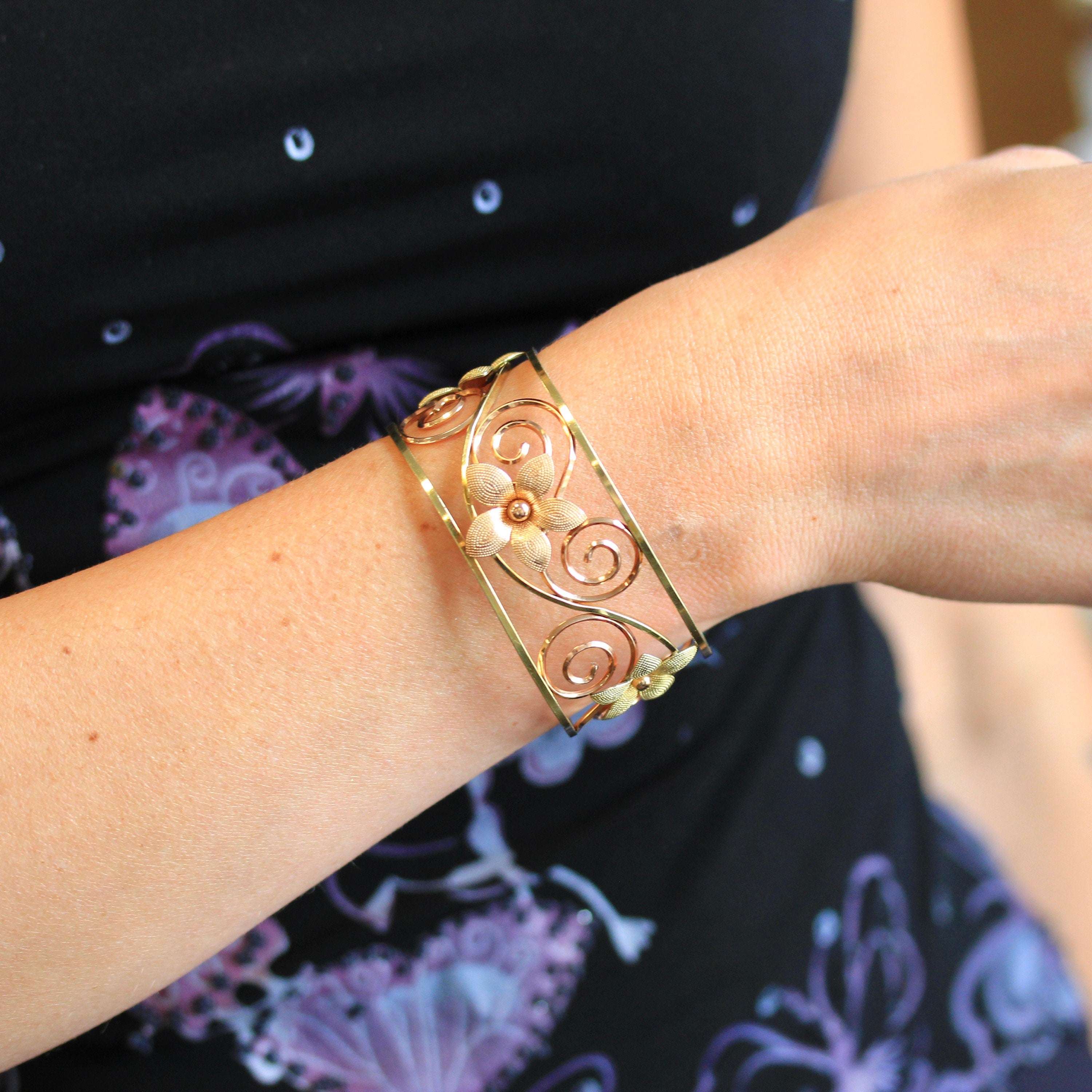 Vintage Cuff Bracelet - Retro Yellow & Rose Gold Filled Two Tone Flower Swirled Designs - Circa 1940s Era Krementz USA Statement 40s Jewelry