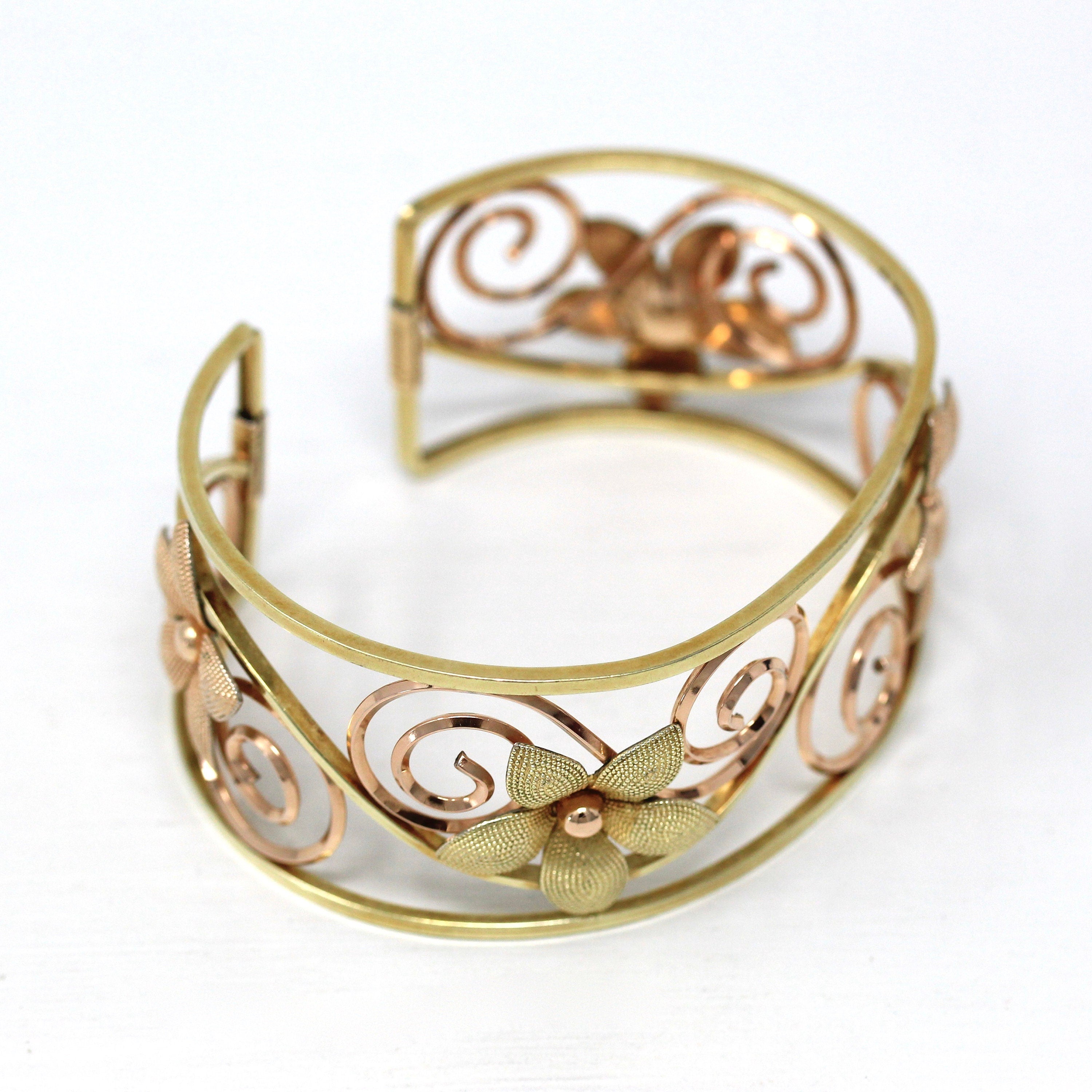 Vintage Cuff Bracelet - Retro Yellow & Rose Gold Filled Two Tone Flower Swirled Designs - Circa 1940s Era Krementz USA Statement 40s Jewelry