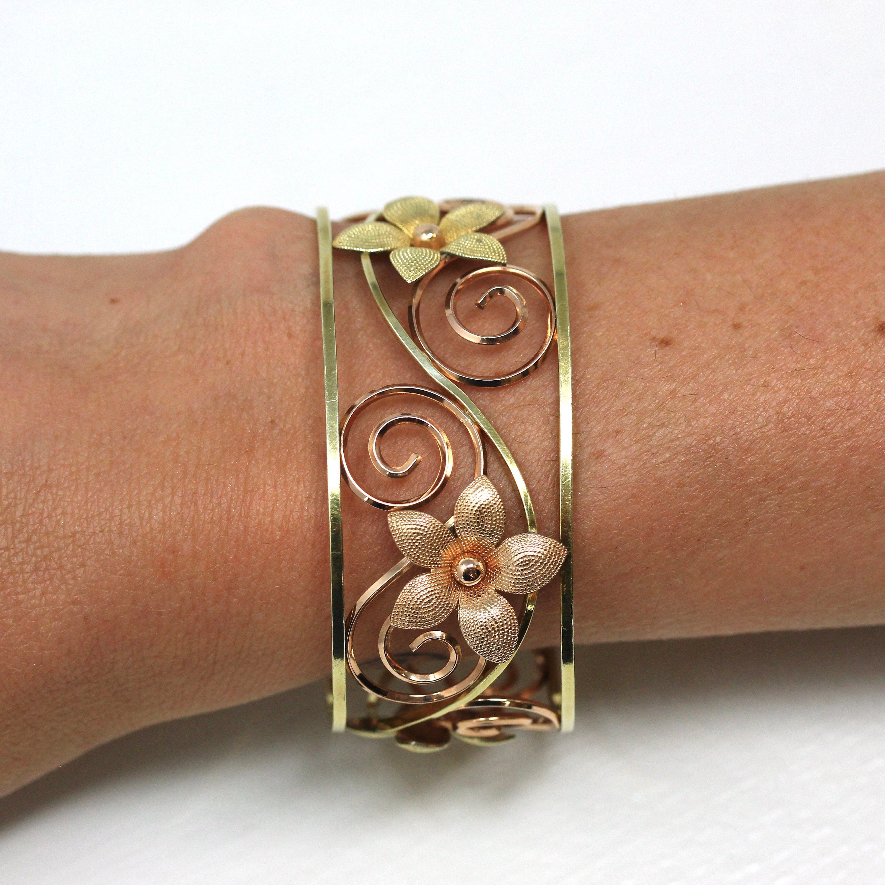 Vintage Cuff Bracelet - Retro Yellow & Rose Gold Filled Two Tone Flower Swirled Designs - Circa 1940s Era Krementz USA Statement 40s Jewelry