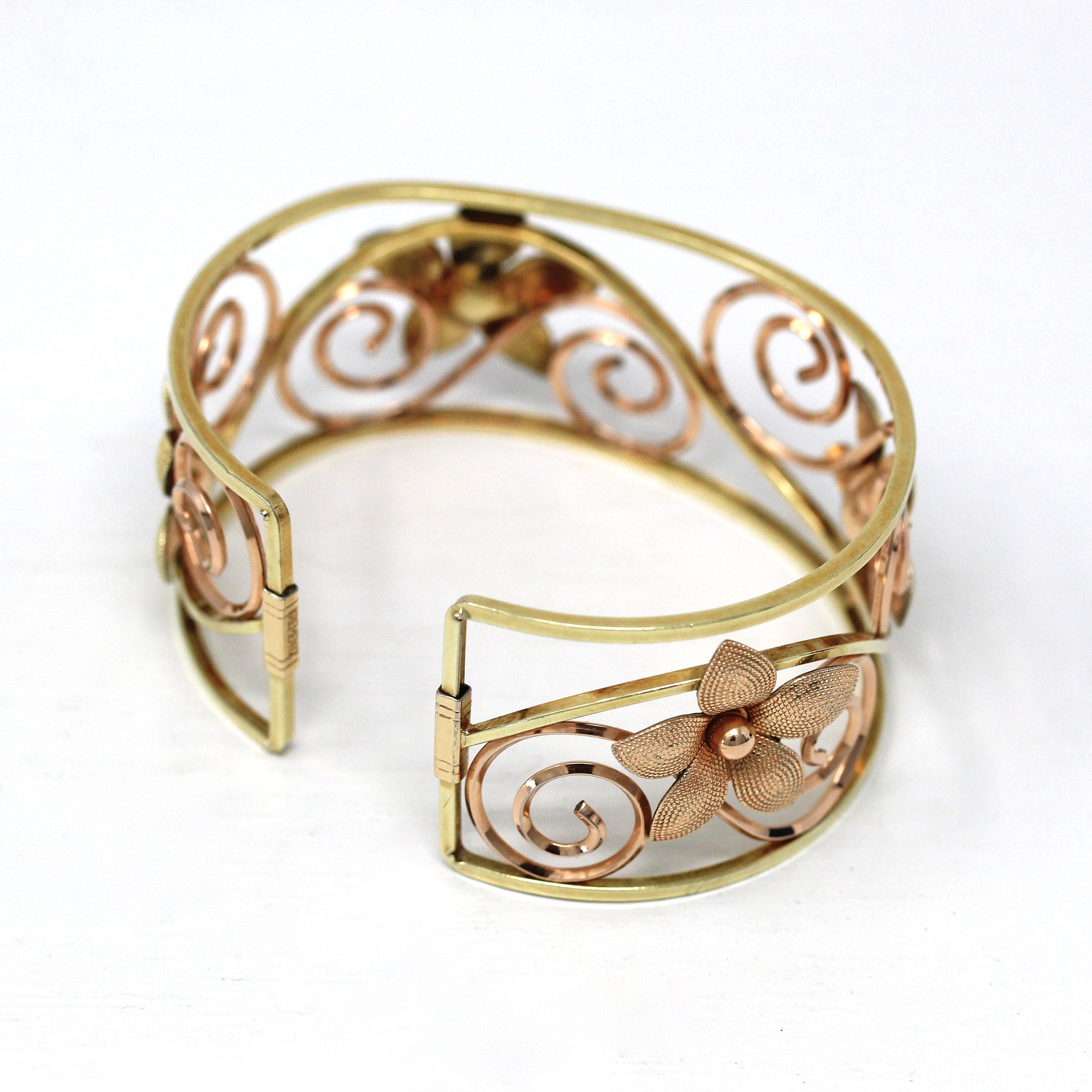 Vintage Cuff Bracelet - Retro Yellow & Rose Gold Filled Two Tone Flower Swirled Designs - Circa 1940s Era Krementz USA Statement 40s Jewelry