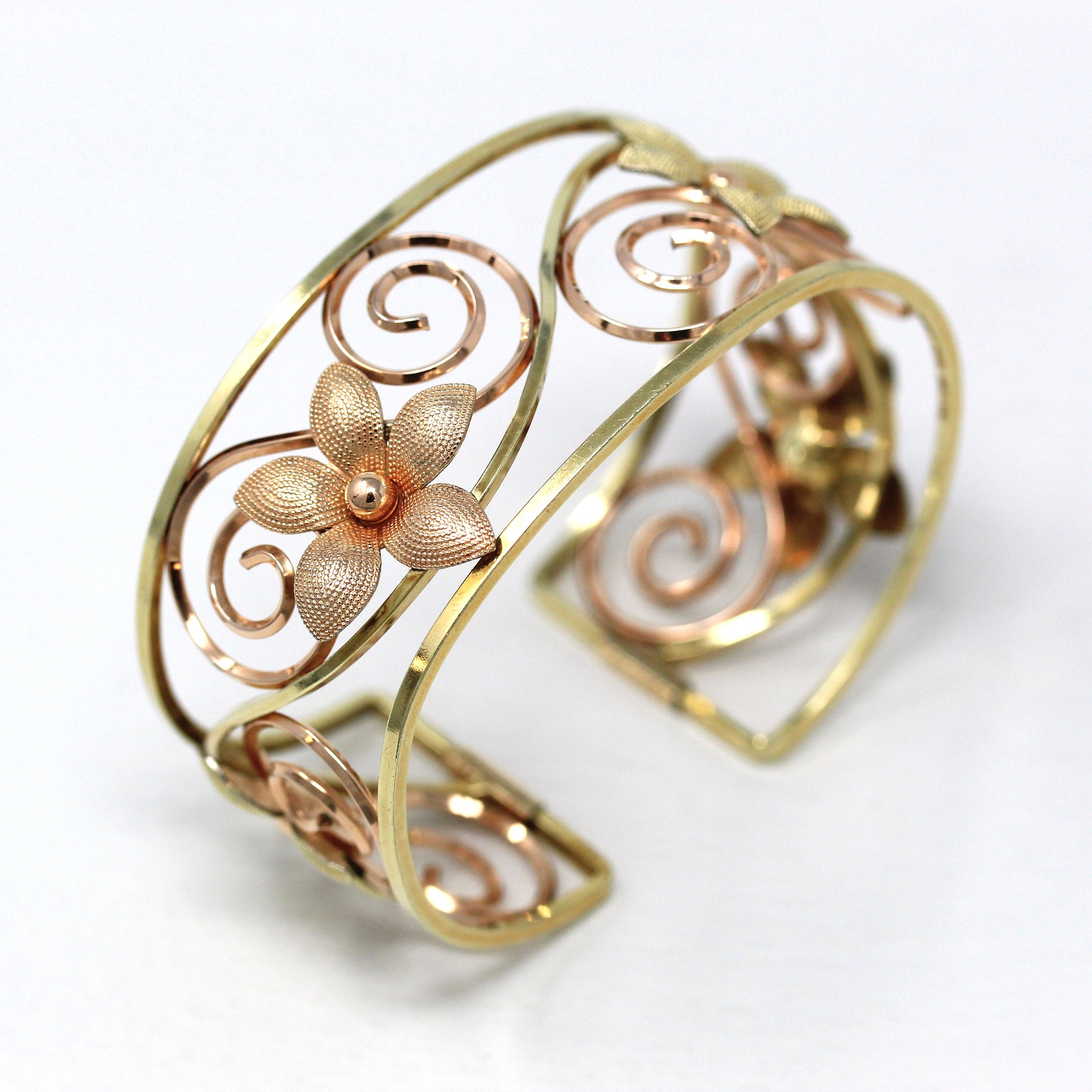 Vintage Cuff Bracelet - Retro Yellow & Rose Gold Filled Two Tone Flower Swirled Designs - Circa 1940s Era Krementz USA Statement 40s Jewelry