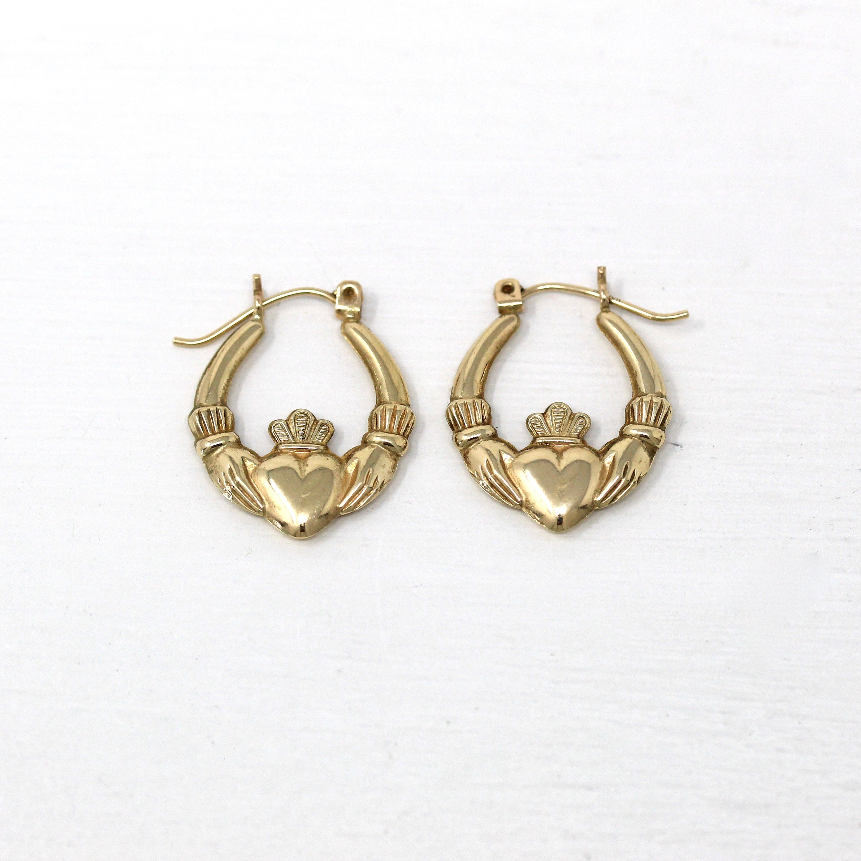 Claddagh Hoop Earrings - Estate 10k Yellow Gold Irish Heart Crown Clasped Hands - Modern Circa 2000s Era Love Loyalty Friendship Y2K Jewelry