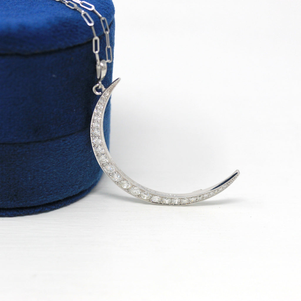 Crescent Moon Necklace - Edwardian Platinum 1.14 ctw Diamond Conversion Pendant - Antique Circa 1910s Era Celestial Gem Fine Rare Jewelry