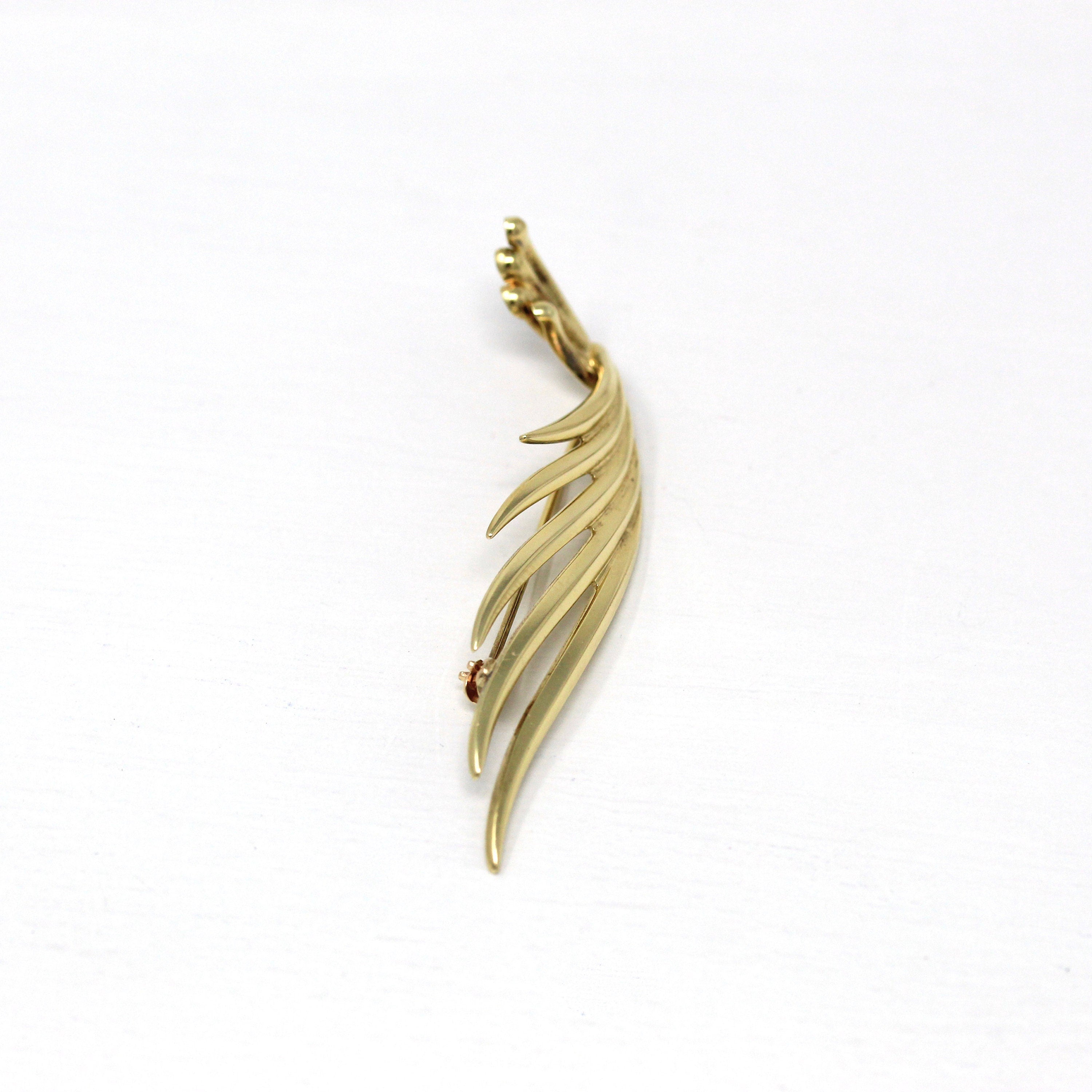 Tiffany & Co. Brooch - Estate 14k Yellow Gold Angel Wing Feather Pin - Circa 1980s Era Tiffany's Statement Fashion Accessory Fine Jewelry