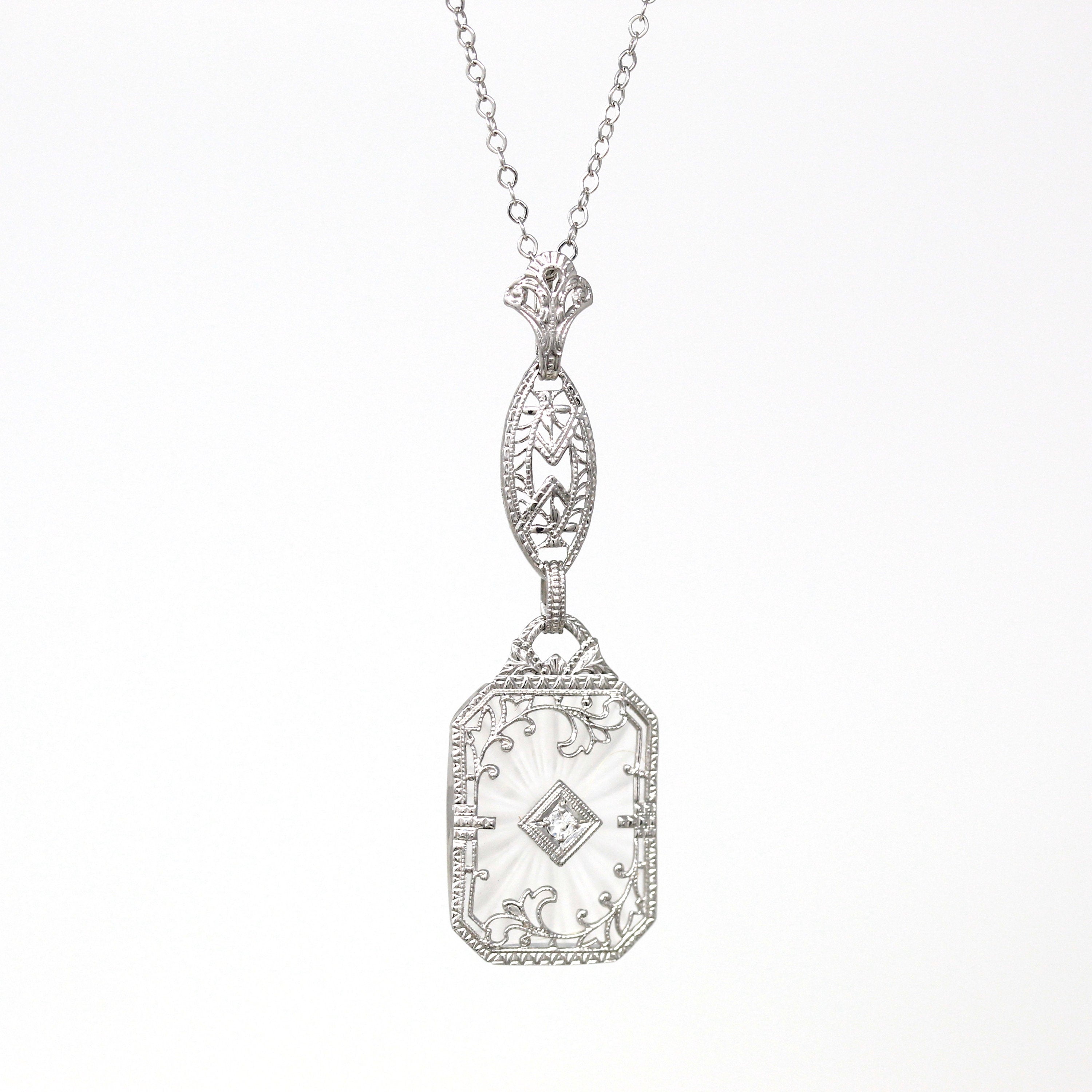 Rock Crystal Quartz Necklace - Art Deco 10k White Gold Genuine Diamond Pendant - Vintage Circa 1930s Era Statement Filigree Fine 30s Jewelry