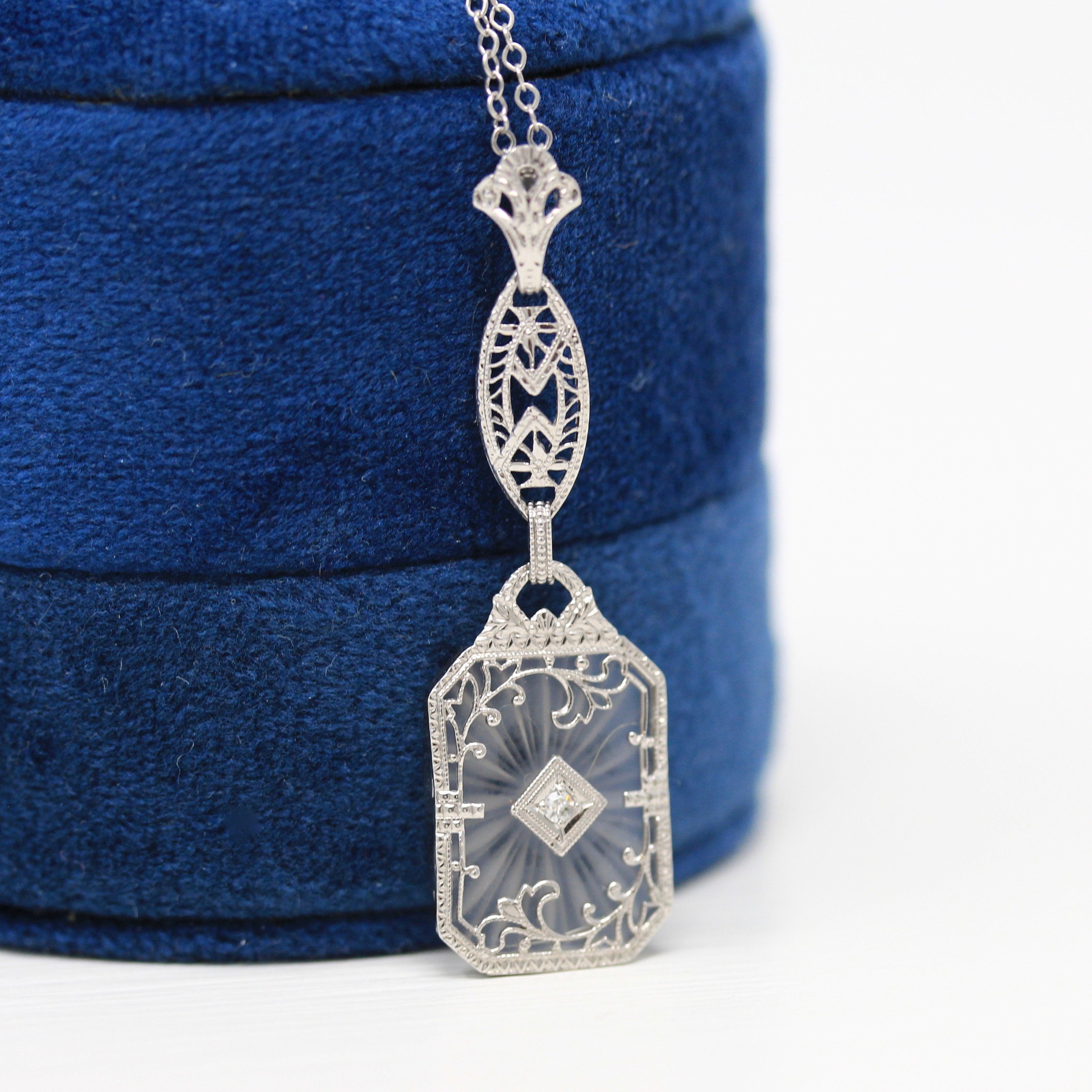 Rock Crystal Quartz Necklace - Art Deco 10k White Gold Genuine Diamond Pendant - Vintage Circa 1930s Era Statement Filigree Fine 30s Jewelry