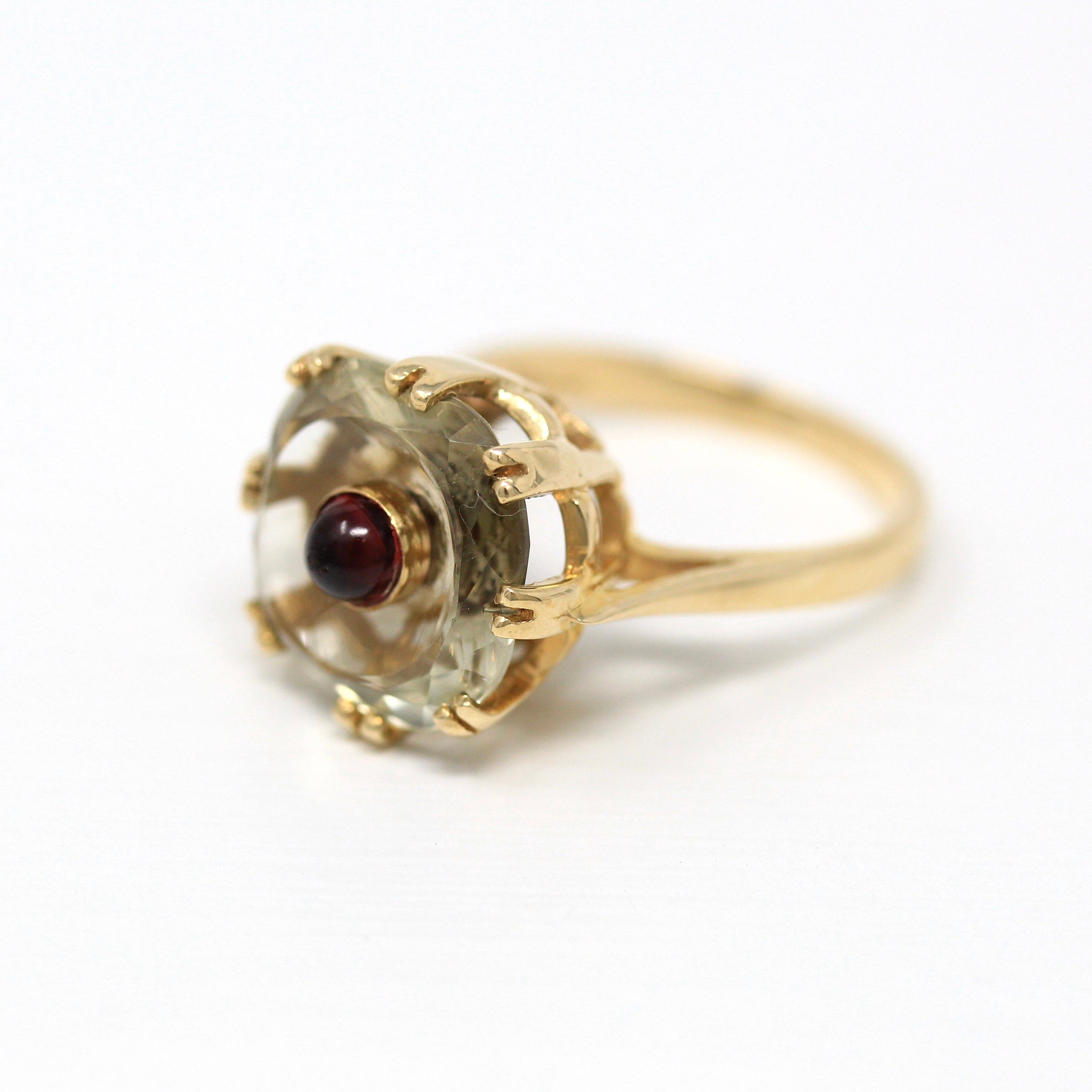 Smoky Quartz & Garnet Ring - Modern 14k Yellow Gold Fancy Cabochon Cut Gemstones - Estate Circa 2000s Era Size 6 Statement Fine Jewelry