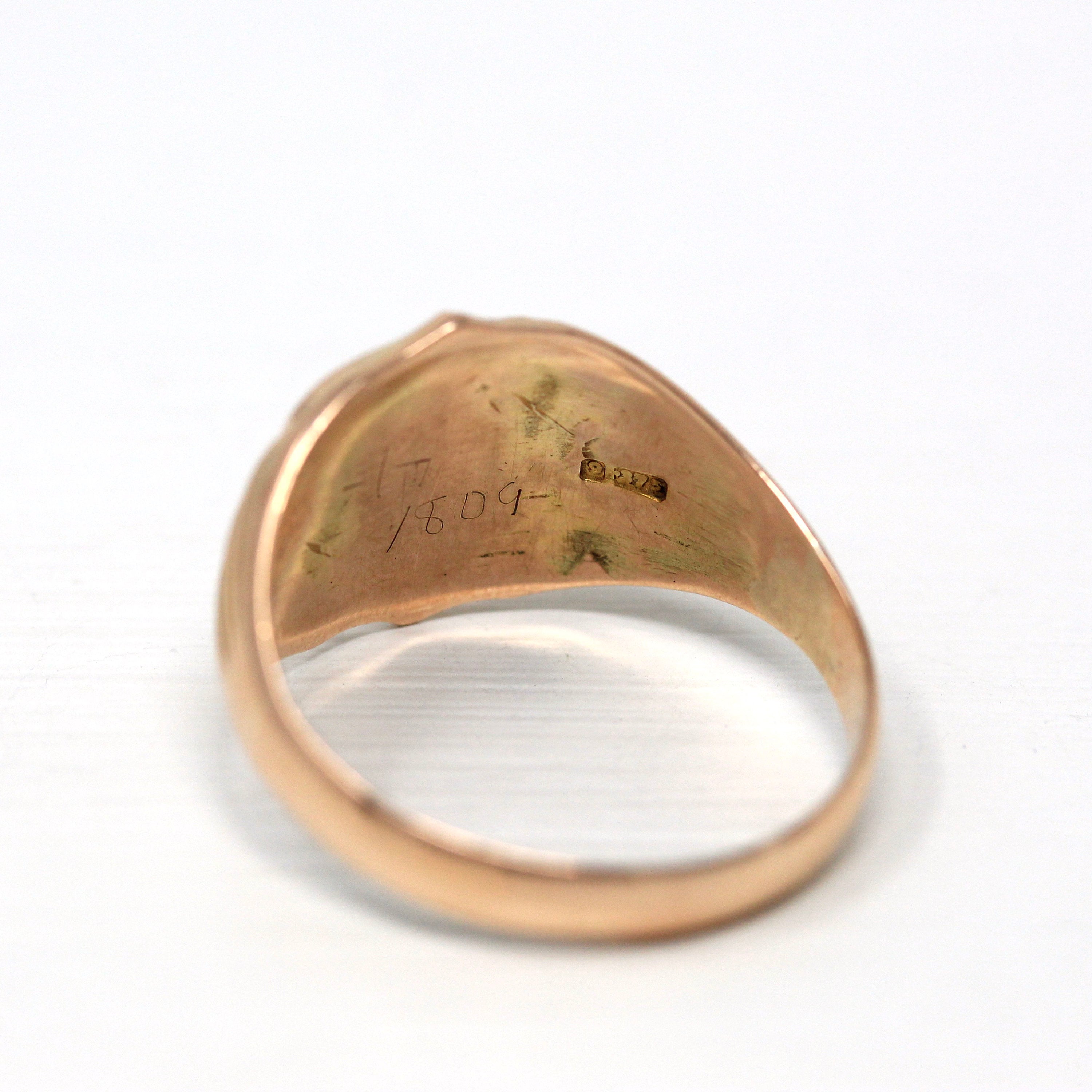 Blank Signet Ring - Edwardian 9k Yellow Gold Engrave Letters Initials Designs - Antique Dated 1906 Era Size 9.75 Personalized Fine Jewelry