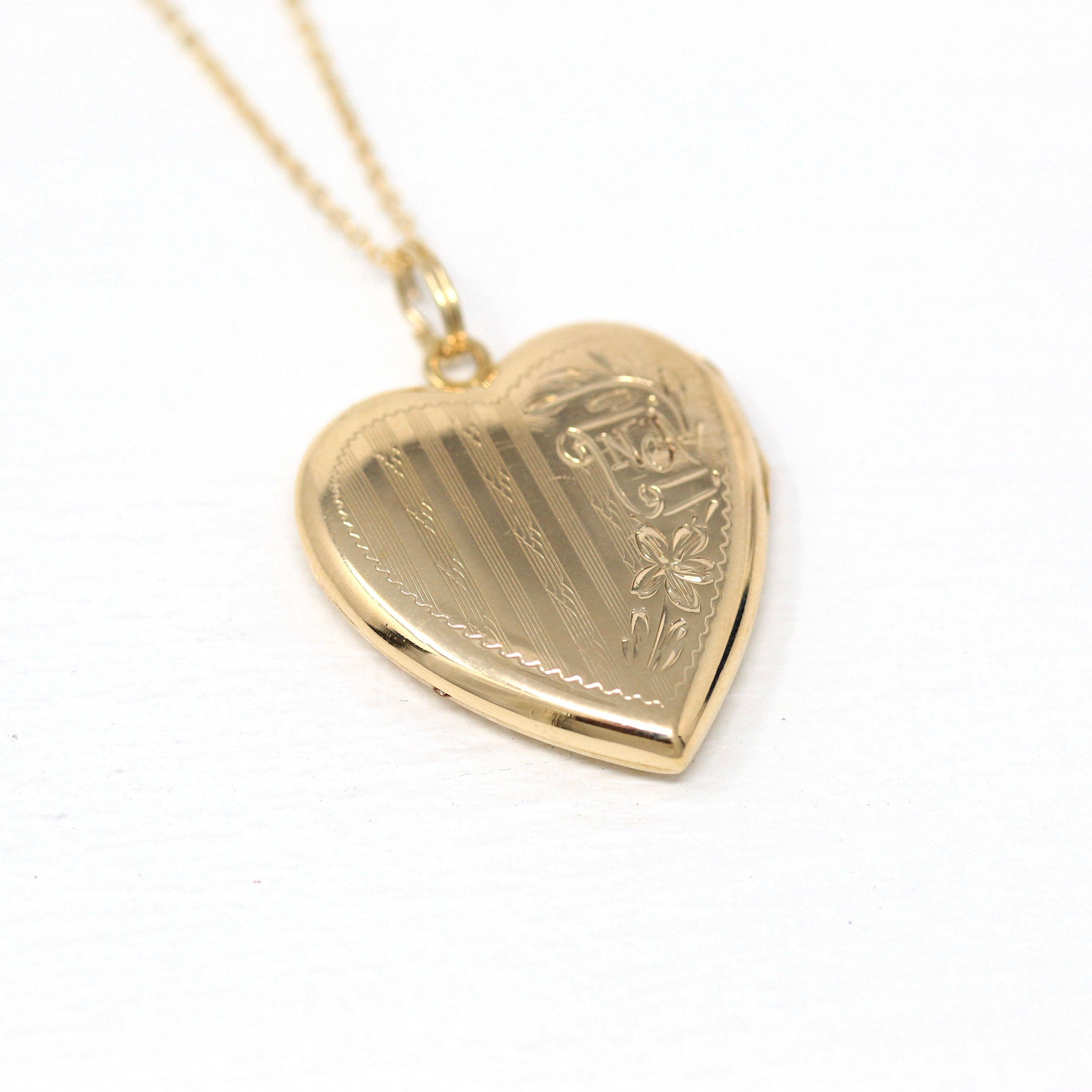 Vintage Heart Locket - Retro 10k Yellow Gold Initials NJ "To Nancy From Grandfather" Pendant Necklace - Circa 1940s Photograph 40s Jewelry