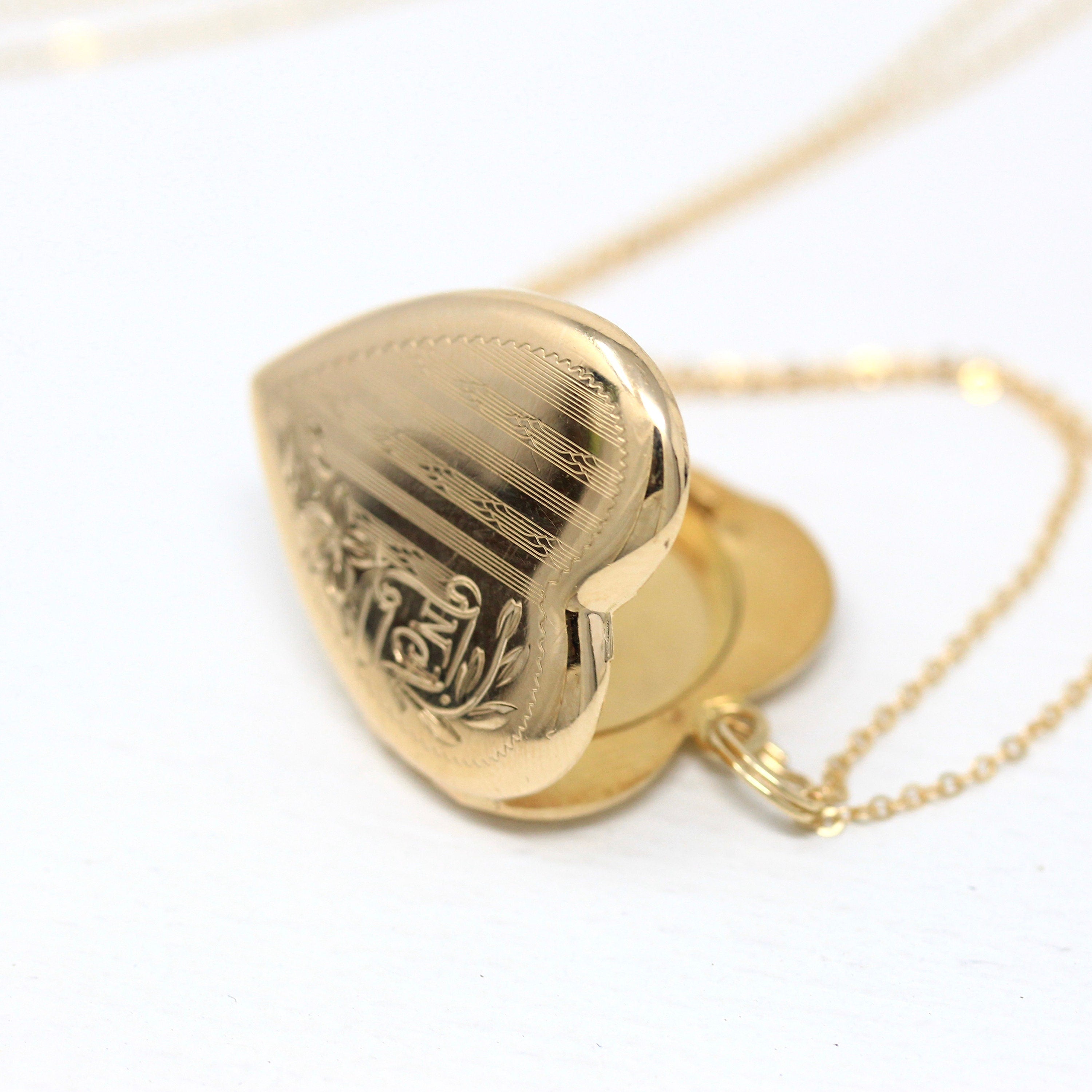 Vintage Heart Locket - Retro 10k Yellow Gold Initials NJ "To Nancy From Grandfather" Pendant Necklace - Circa 1940s Photograph 40s Jewelry