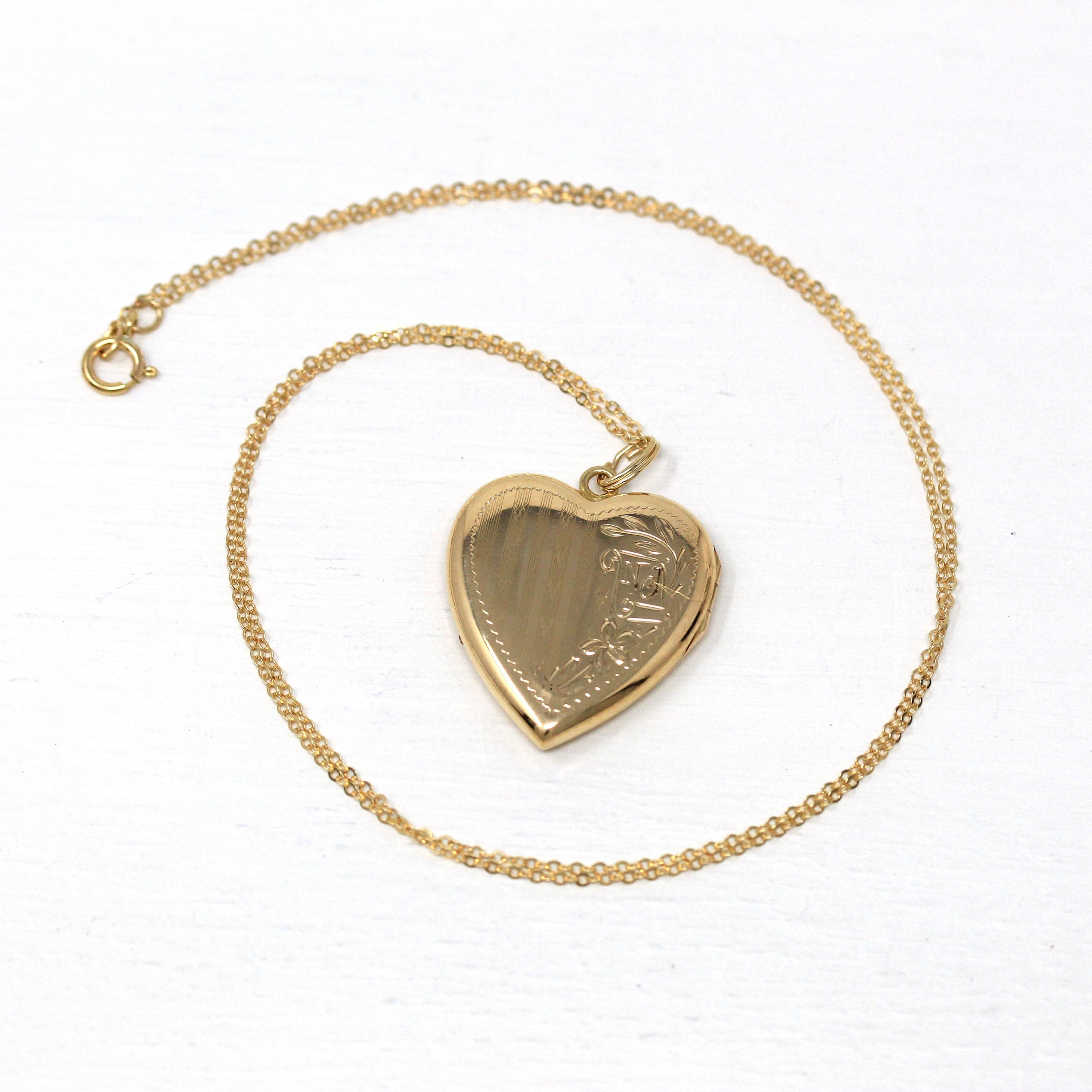 Vintage Heart Locket - Retro 10k Yellow Gold Initials NJ "To Nancy From Grandfather" Pendant Necklace - Circa 1940s Photograph 40s Jewelry