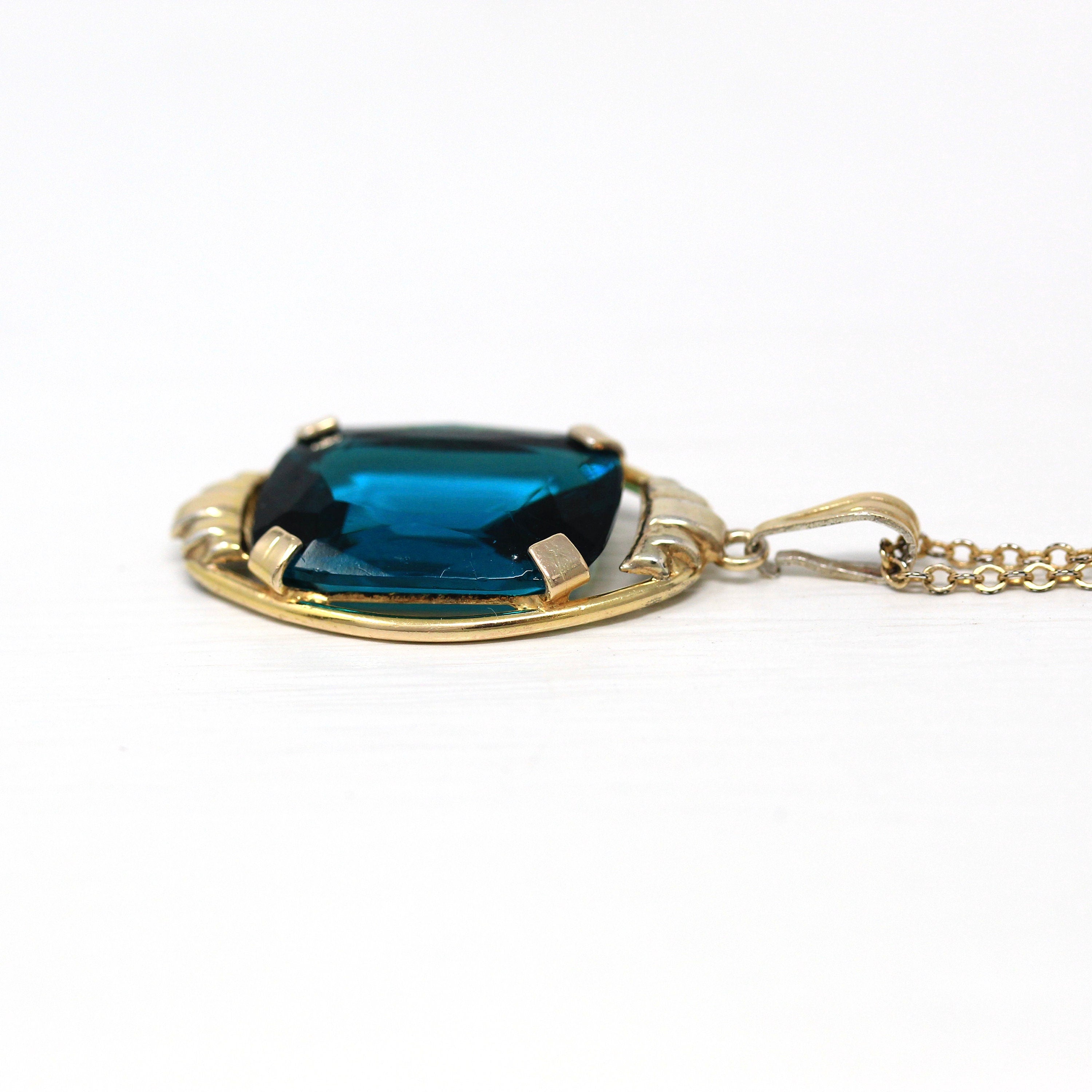 Vintage Glass Pendant - Retro 10k Gold Filled Dark Green Blue Teal Stone Necklace - Circa 1940s Era Statement Fashion Accessory 40s Jewelry