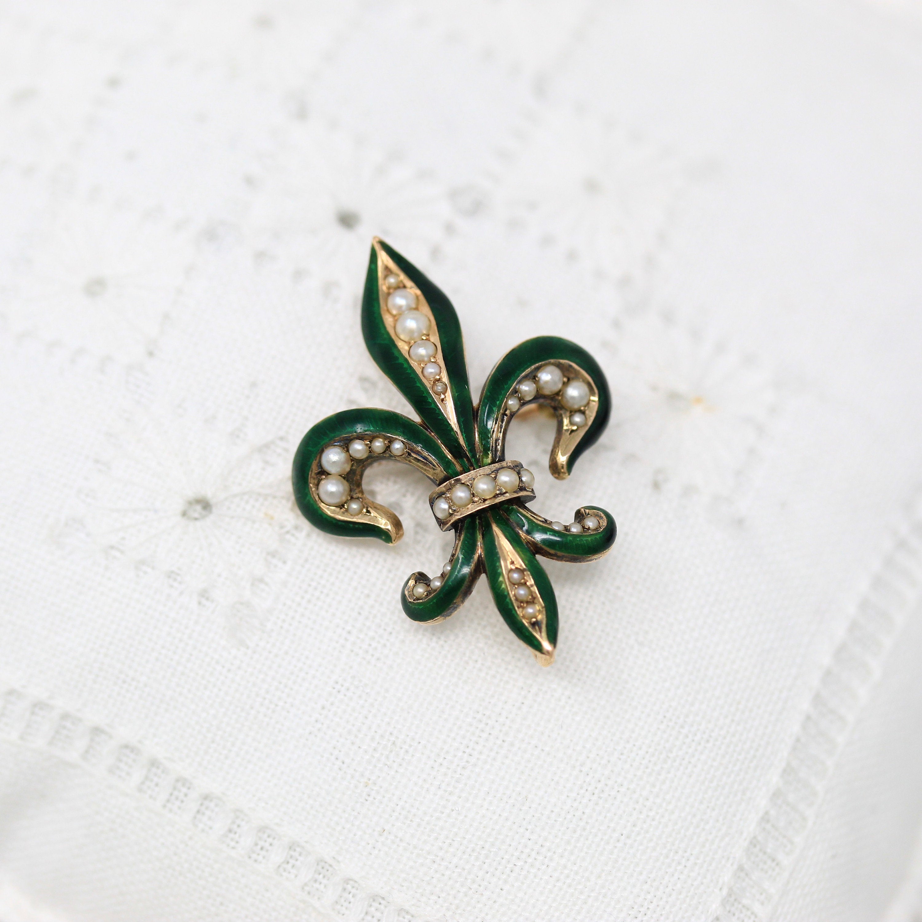 Fleur-De-Lis Brooch - Edwardian 14k Yellow Gold French Lily Lapel Watch Pin Holder - Antique Circa 1900s Era Fashion Accessory Jewelry