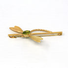 Vintage Dragonfly Brooch - Retro 9k Yellow Gold Simulated Peridot Statement Pin - Circa 1960s Era Green Glass Insect Figural Fine Jewelry