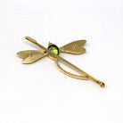 Vintage Dragonfly Brooch - Retro 9k Yellow Gold Simulated Peridot Statement Pin - Circa 1960s Era Green Glass Insect Figural Fine Jewelry