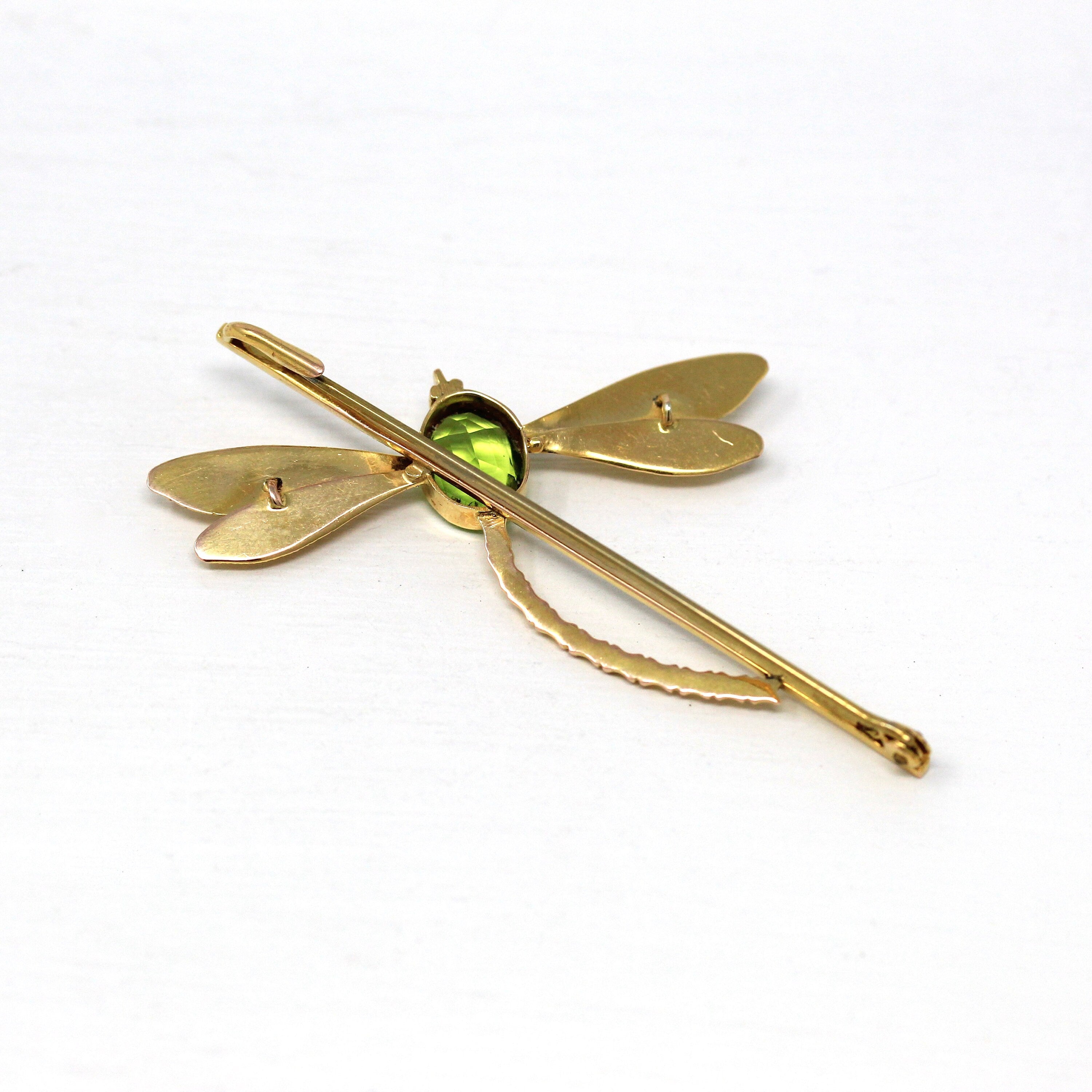 Vintage Dragonfly Brooch - Retro 9k Yellow Gold Simulated Peridot Statement Pin - Circa 1960s Era Green Glass Insect Figural Fine Jewelry