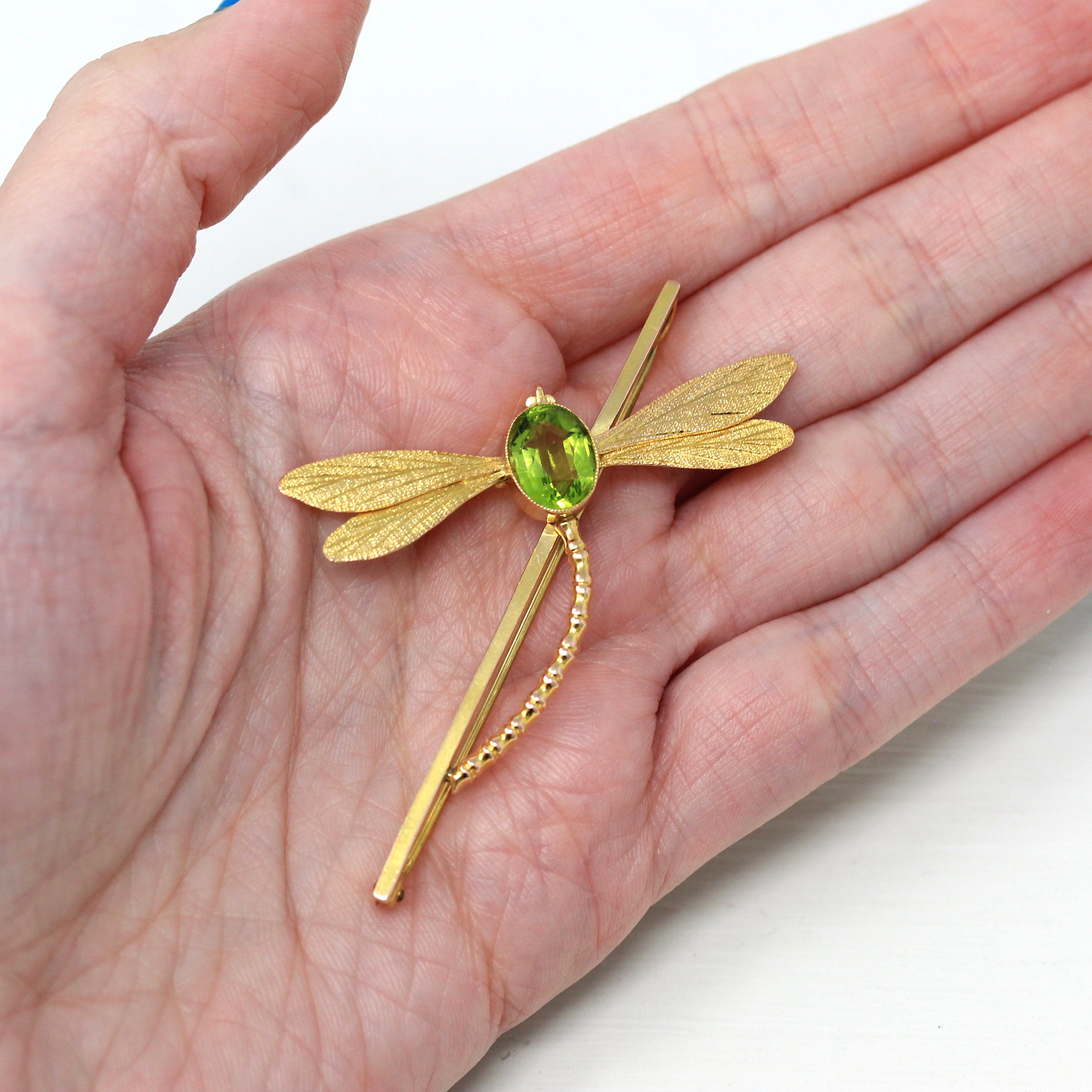 Vintage Dragonfly Brooch - Retro 9k Yellow Gold Simulated Peridot Statement Pin - Circa 1960s Era Green Glass Insect Figural Fine Jewelry