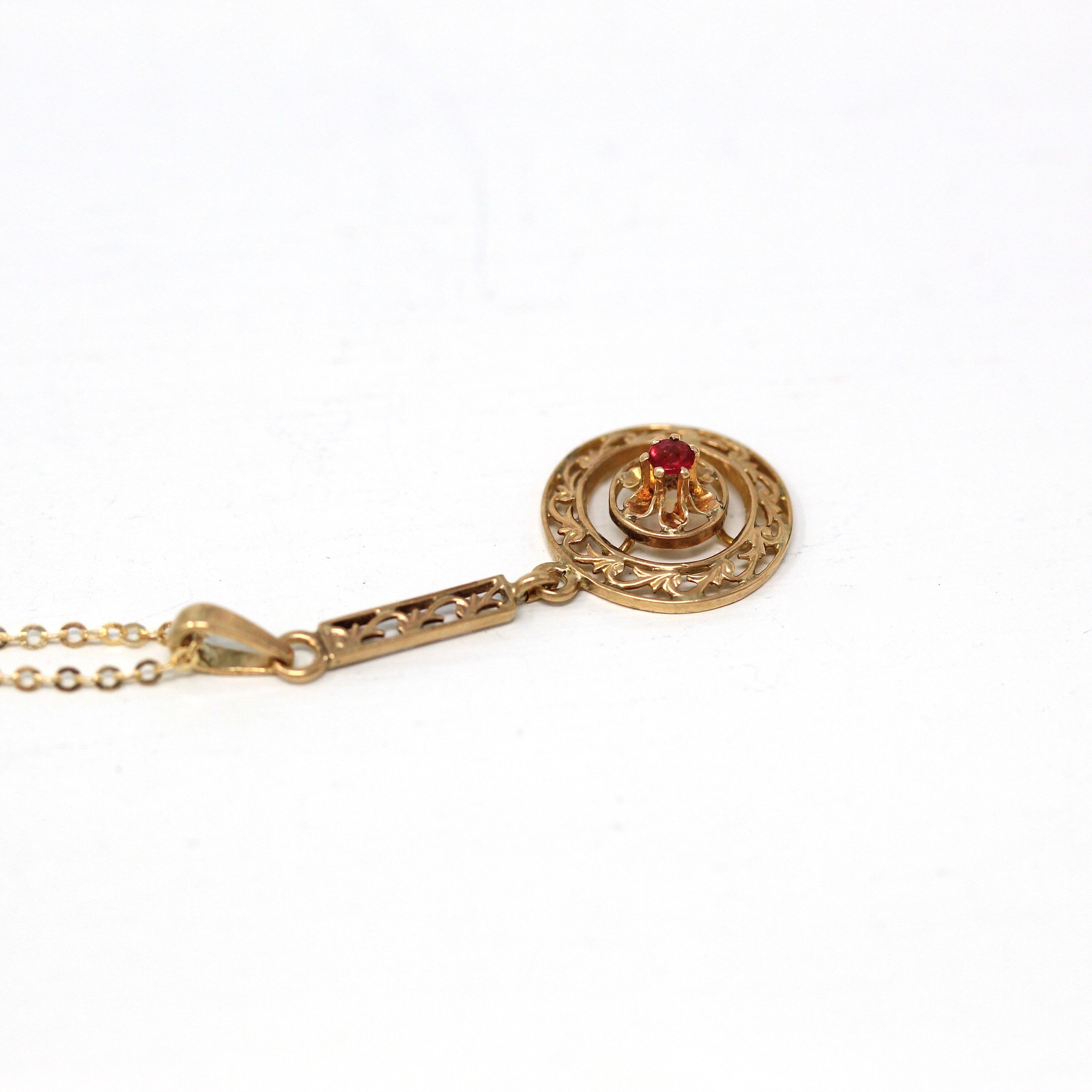 Antique Lavalier Necklace - Edwardian 10k Yellow Gold Garnet & Glass Doublet Pendant Charm - Vintage Circa 1910s Era Red Round Fine Jewelry