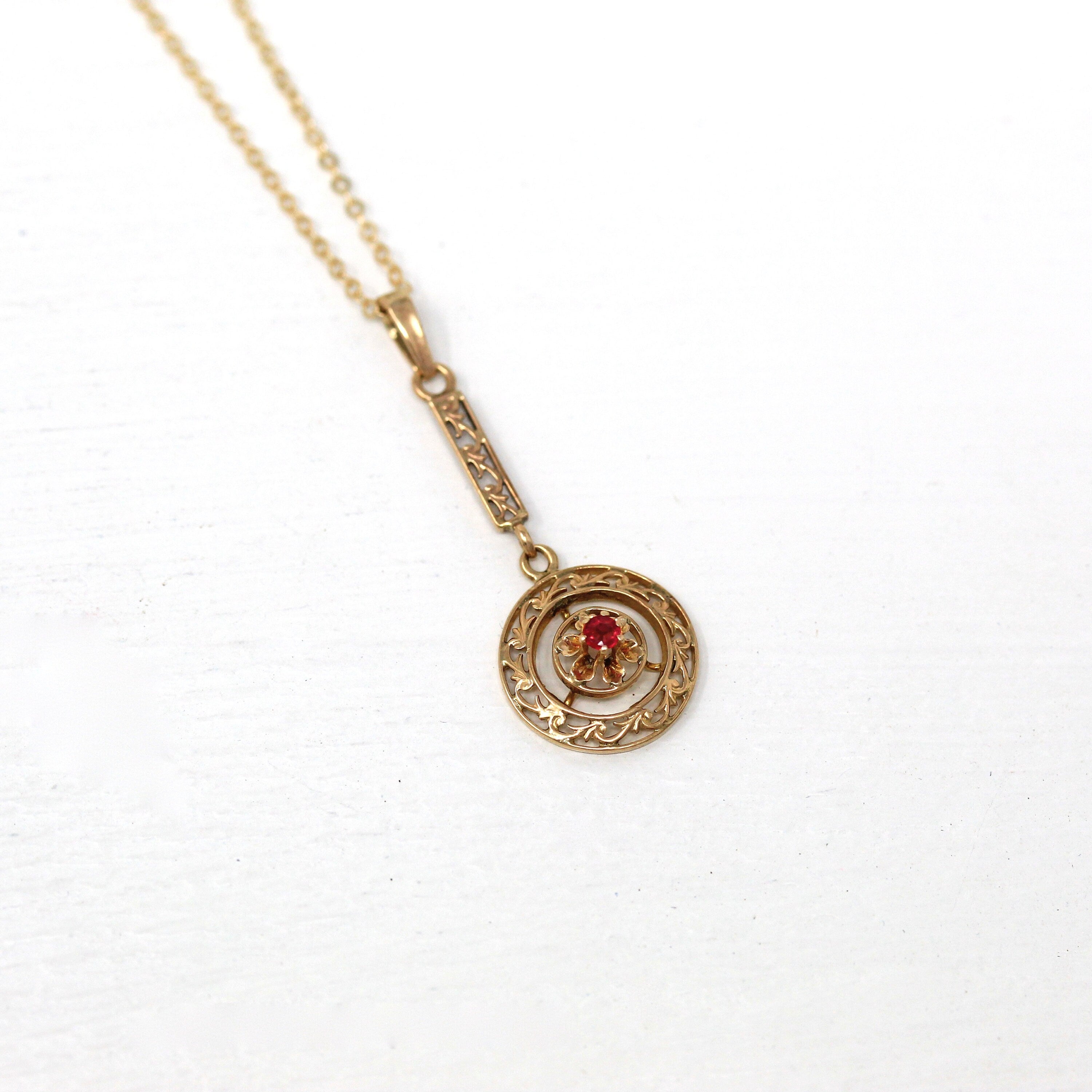 Antique Lavalier Necklace - Edwardian 10k Yellow Gold Garnet & Glass Doublet Pendant Charm - Vintage Circa 1910s Era Red Round Fine Jewelry