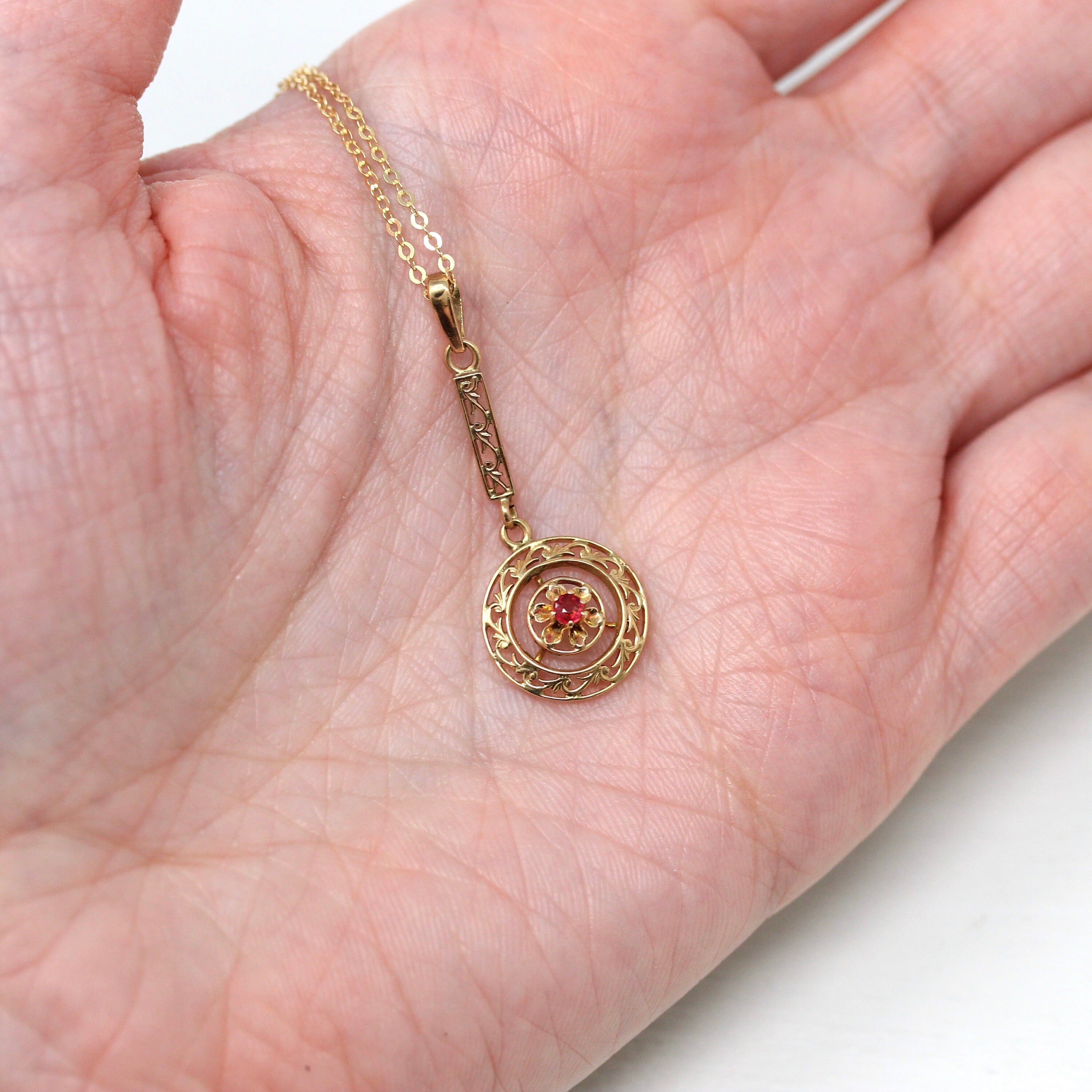 Antique Lavalier Necklace - Edwardian 10k Yellow Gold Garnet & Glass Doublet Pendant Charm - Vintage Circa 1910s Era Red Round Fine Jewelry