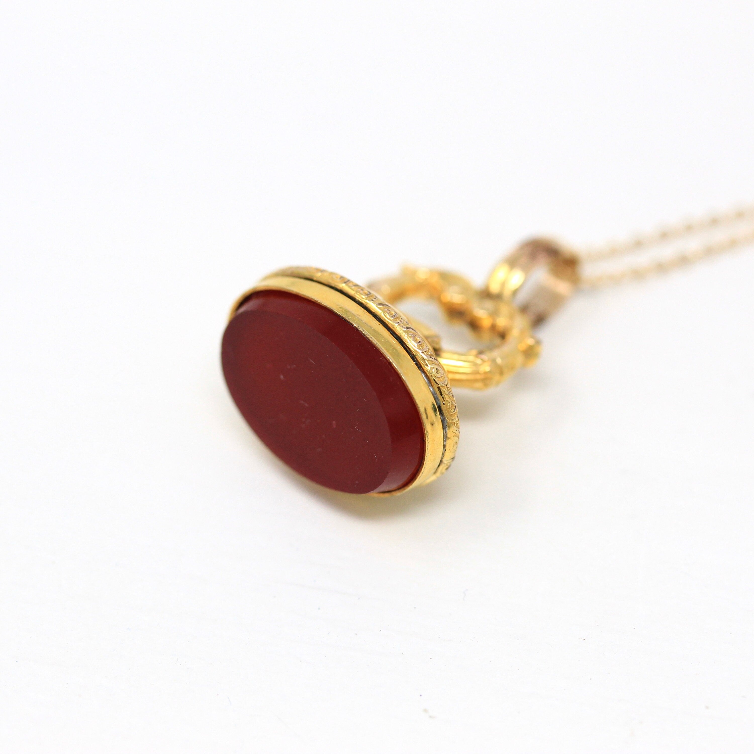 Antique Fob Necklace - Victorian Yellow Gold Filled Simulated Carnelian Oval Red Glass Pendant - Vintage Circa 1890s Era Unique Jewelry