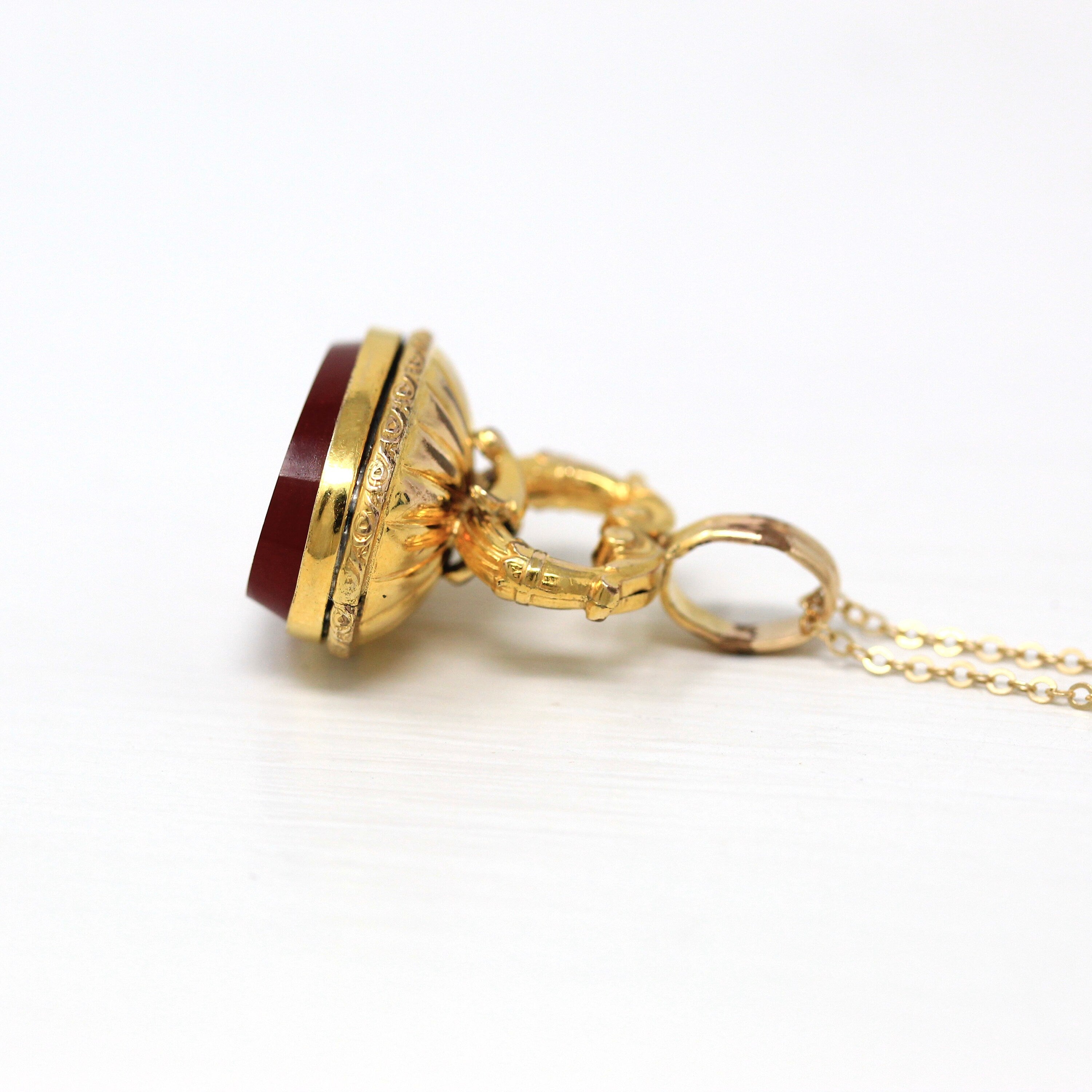 Antique Fob Necklace - Victorian Yellow Gold Filled Simulated Carnelian Oval Red Glass Pendant - Vintage Circa 1890s Era Unique Jewelry