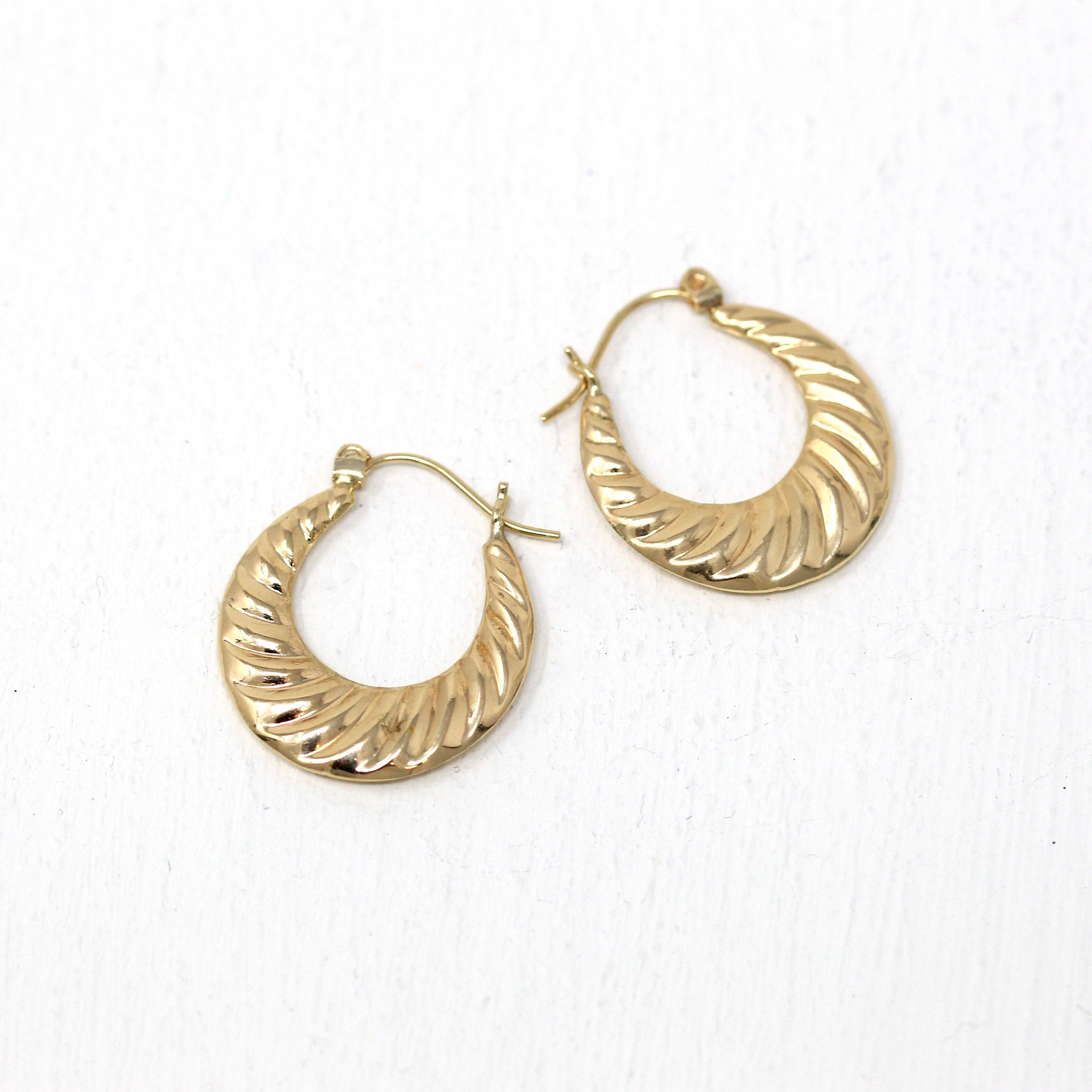 Croissant Hoop Earrings - Estate 14k Yellow Gold Latch Lever Backs Door Knockers - Vintage Circa 1990s Era Etched Designs Light Jewelry