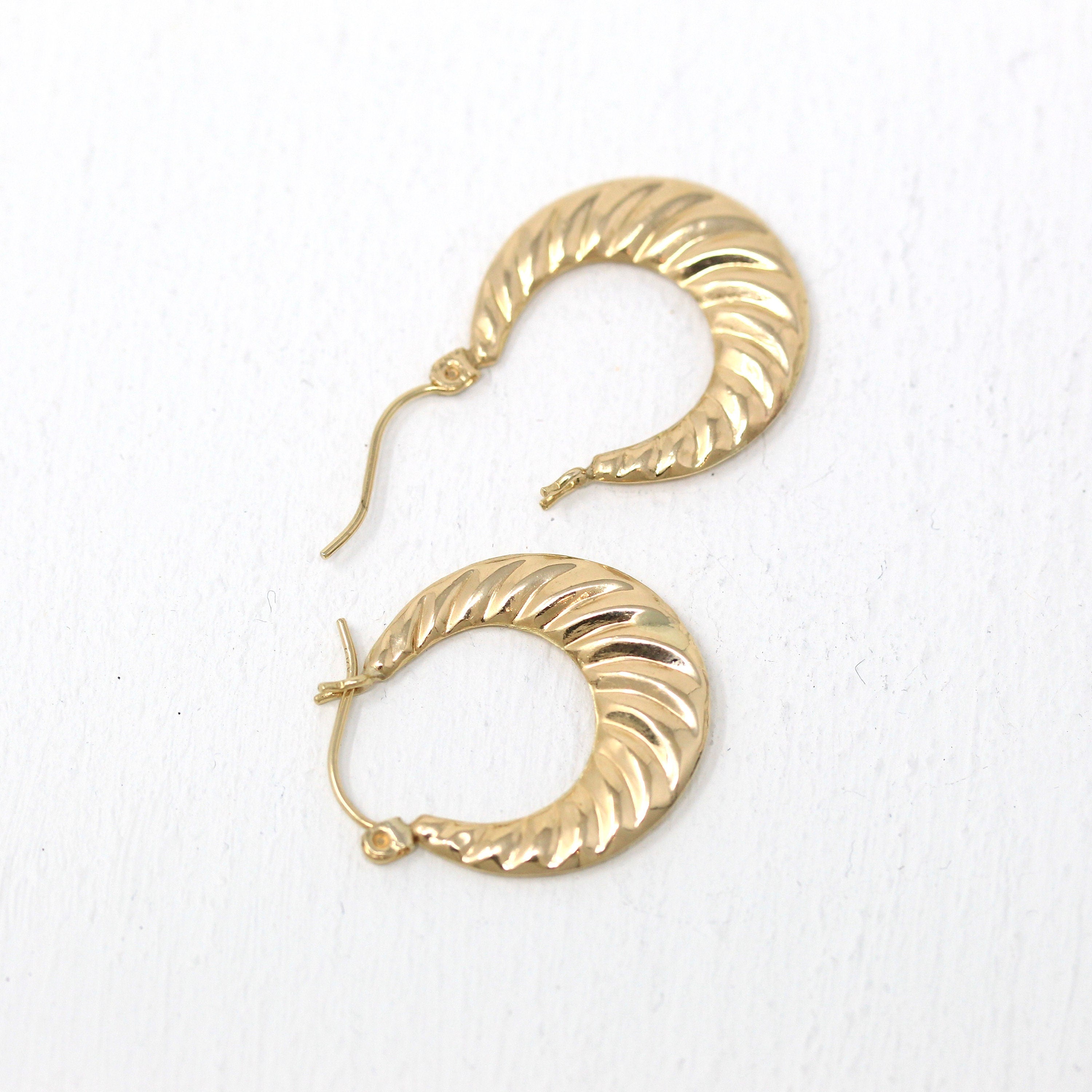 Croissant Hoop Earrings - Estate 14k Yellow Gold Latch Lever Backs Door Knockers - Vintage Circa 1990s Era Etched Designs Light Jewelry