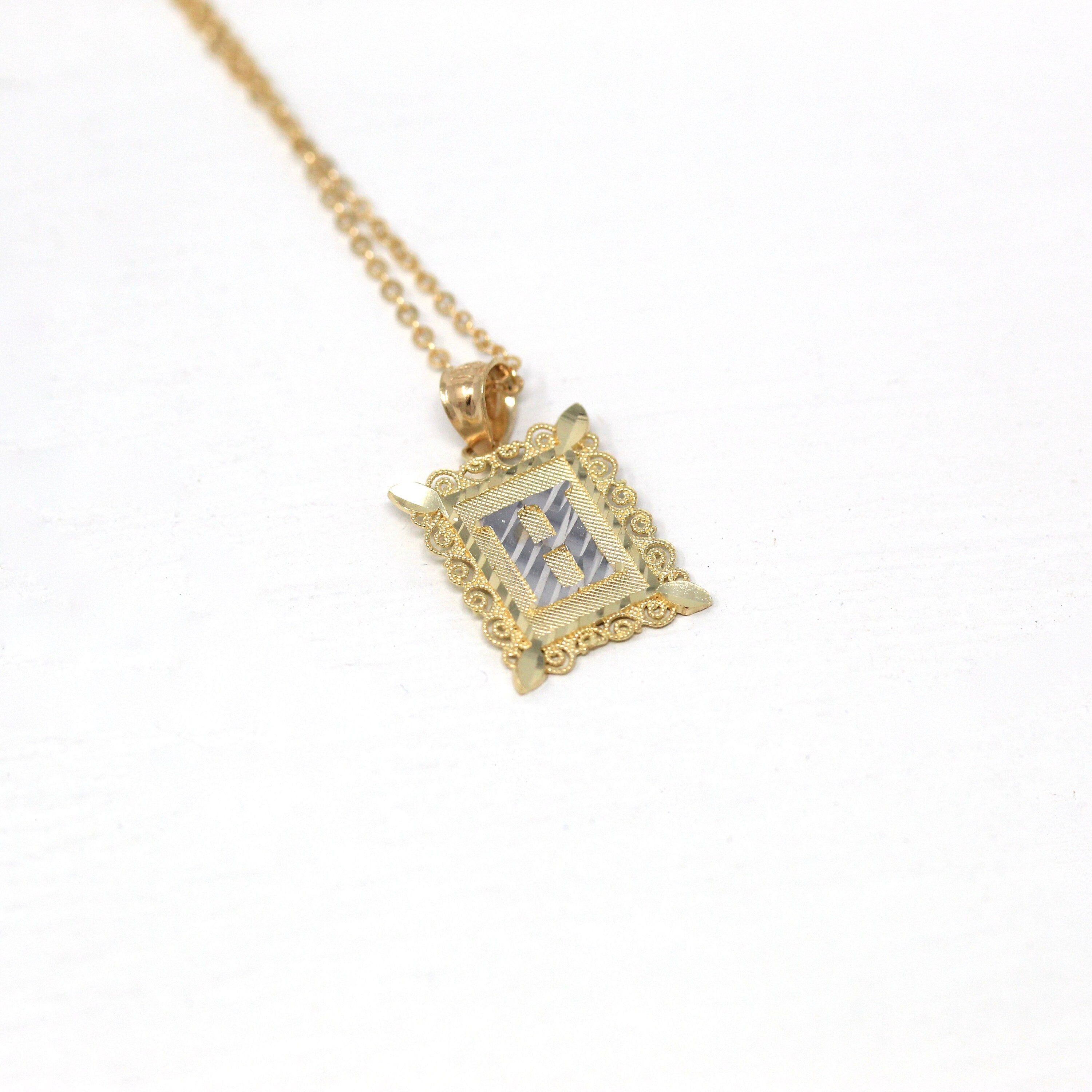 Letter "H" Charm - Estate 14k Yellow & White Gold Initial Pendant Necklace - Modern Circa 2000's Era Personalized Rectangular Fine Jewelry