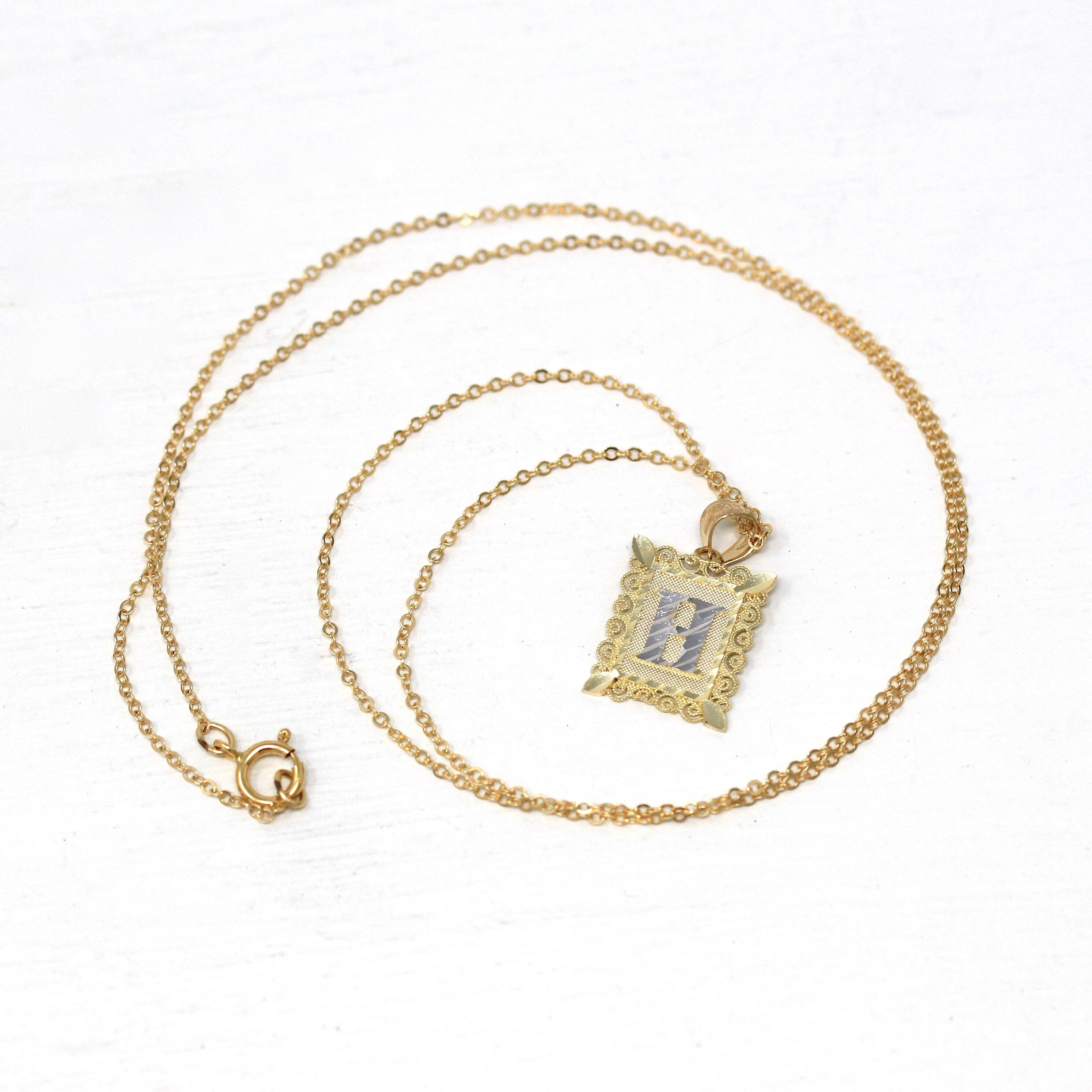 Letter "H" Charm - Estate 14k Yellow & White Gold Initial Pendant Necklace - Modern Circa 2000's Era Personalized Rectangular Fine Jewelry