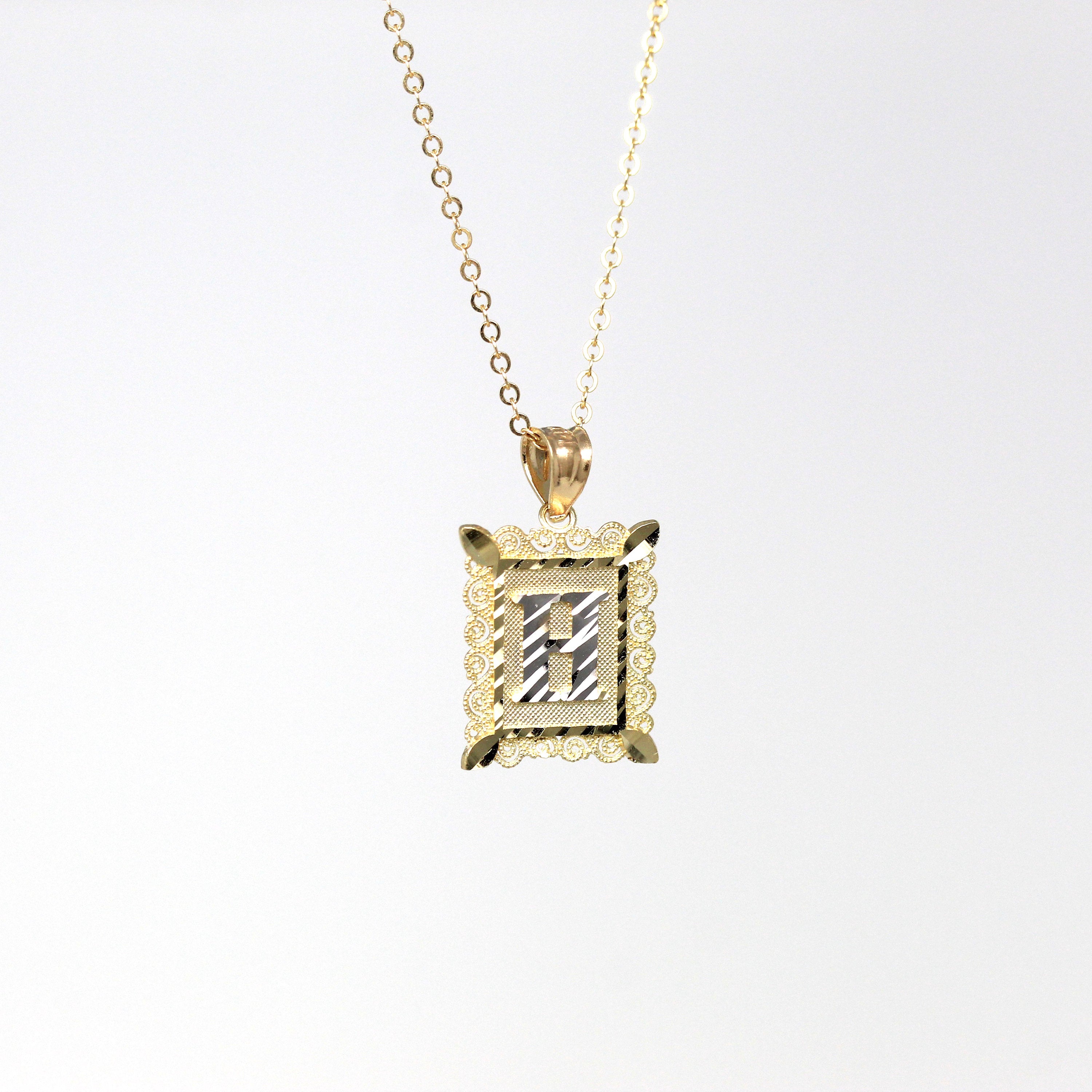 Letter "H" Charm - Estate 14k Yellow & White Gold Initial Pendant Necklace - Modern Circa 2000's Era Personalized Rectangular Fine Jewelry