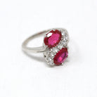 Created Ruby Ring - Retro 10k White Gold Oval Faceted 2.16 CTW & White Accent Stones - Vintage 1960s Size 7 3/4 July Birthstone Jewelry