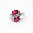 Created Ruby Ring - Retro 10k White Gold Oval Faceted 2.16 CTW & White Accent Stones - Vintage 1960s Size 7 3/4 July Birthstone Jewelry