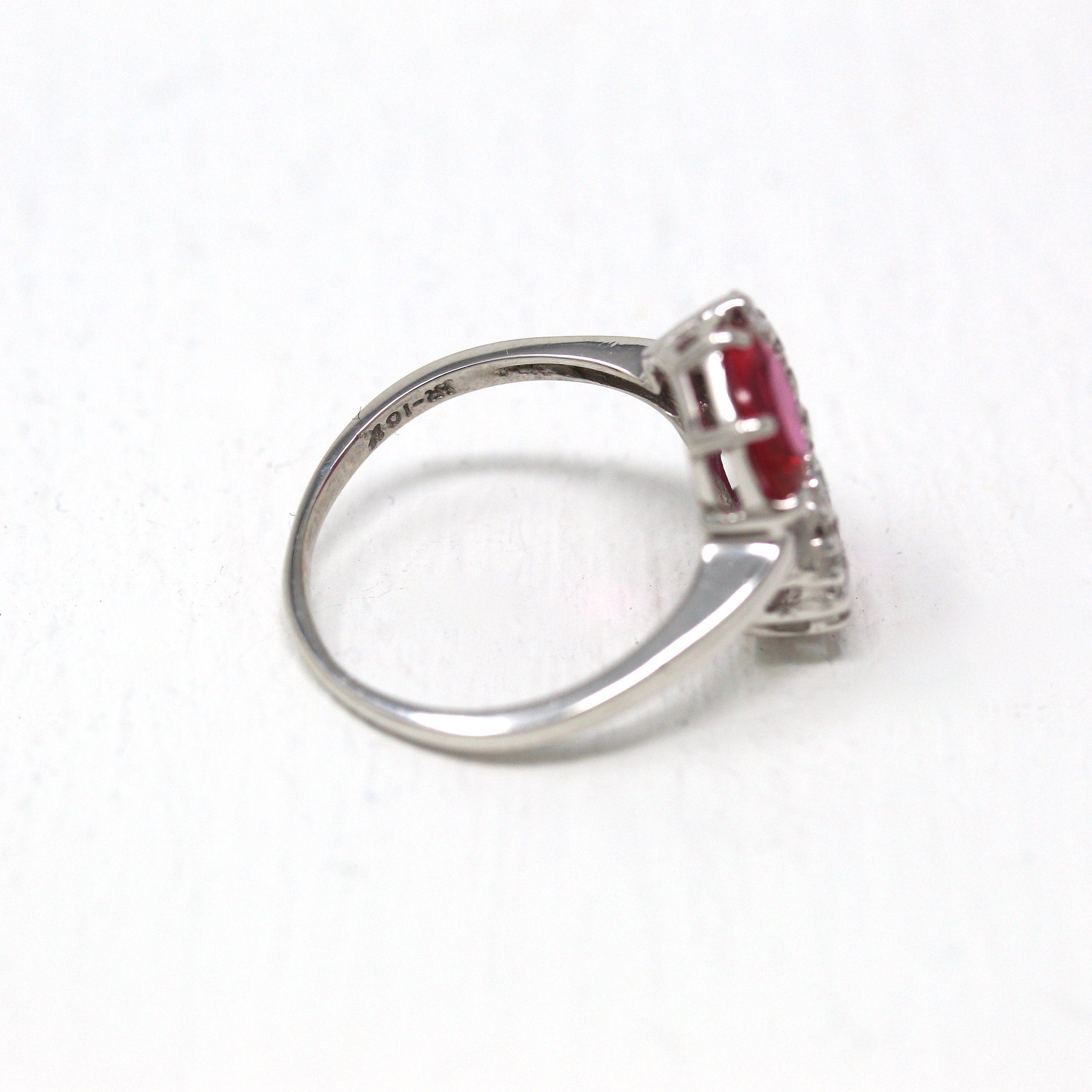 Created Ruby Ring - Retro 10k White Gold Oval Faceted 2.16 CTW & White Accent Stones - Vintage 1960s Size 7 3/4 July Birthstone Jewelry