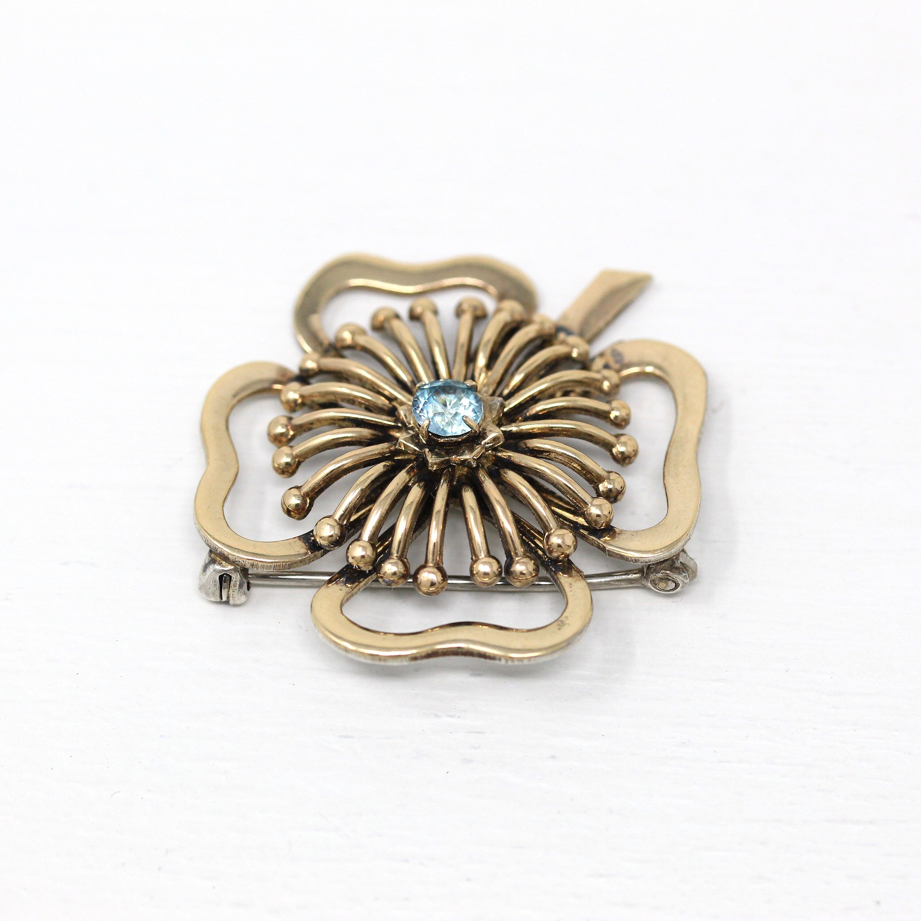 Genuine Zircon Brooch - Retro 14k Gold Filled On Sterling Silver Four Leaf Clover Pin - Circa 1940s Era Symmetalic Fashion Accessory Jewelry