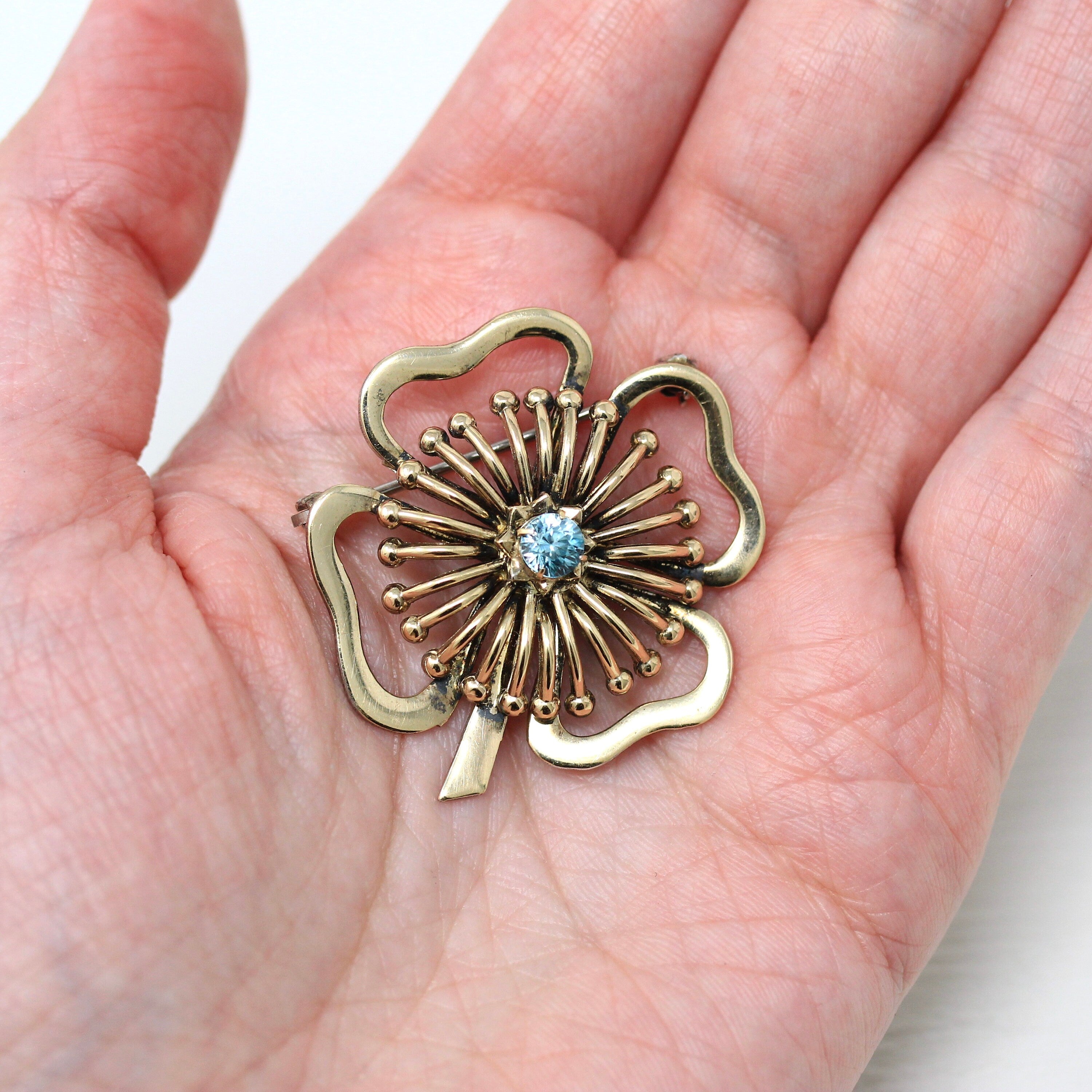 Genuine Zircon Brooch - Retro 14k Gold Filled On Sterling Silver Four Leaf Clover Pin - Circa 1940s Era Symmetalic Fashion Accessory Jewelry